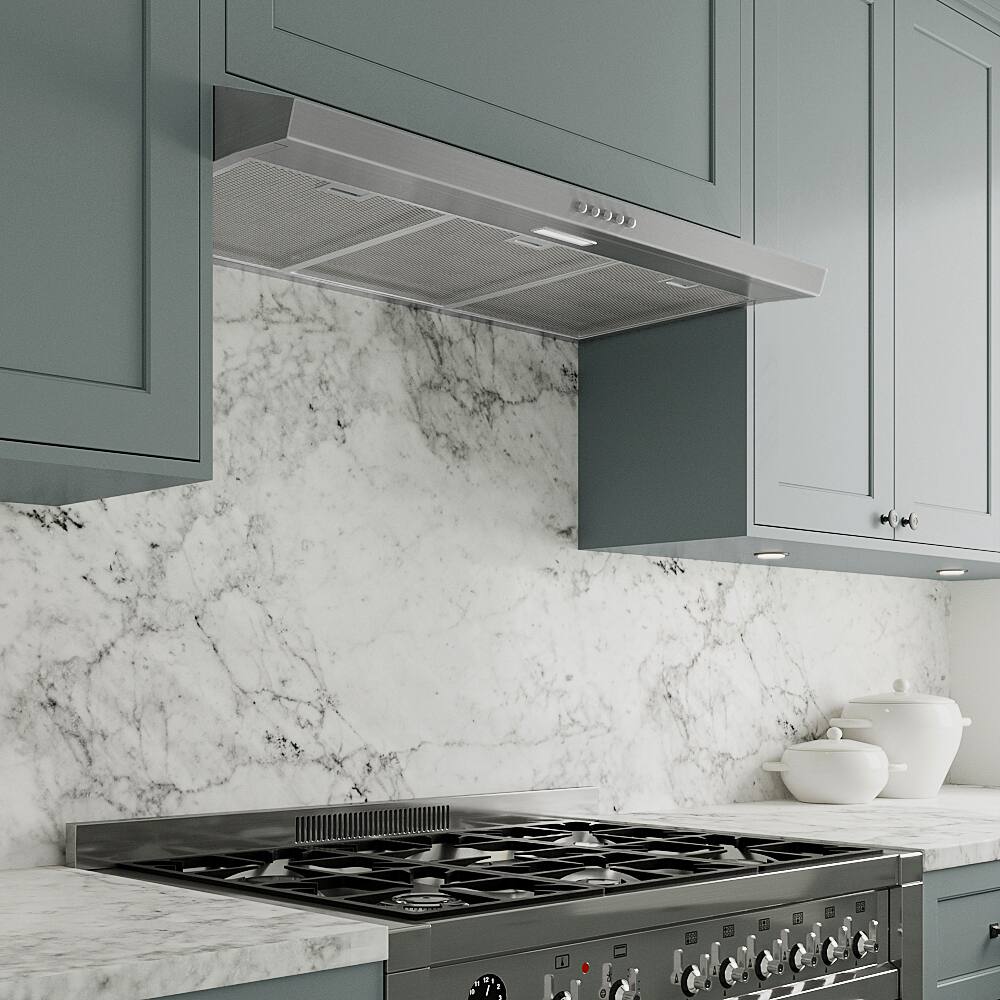 Back. Streamline - 36 in. Ferrara Ducted Undermount 80 CFM Range Hood, Mesh Filters, Push Button Control, LED Light - Brushed Stainless Steel.