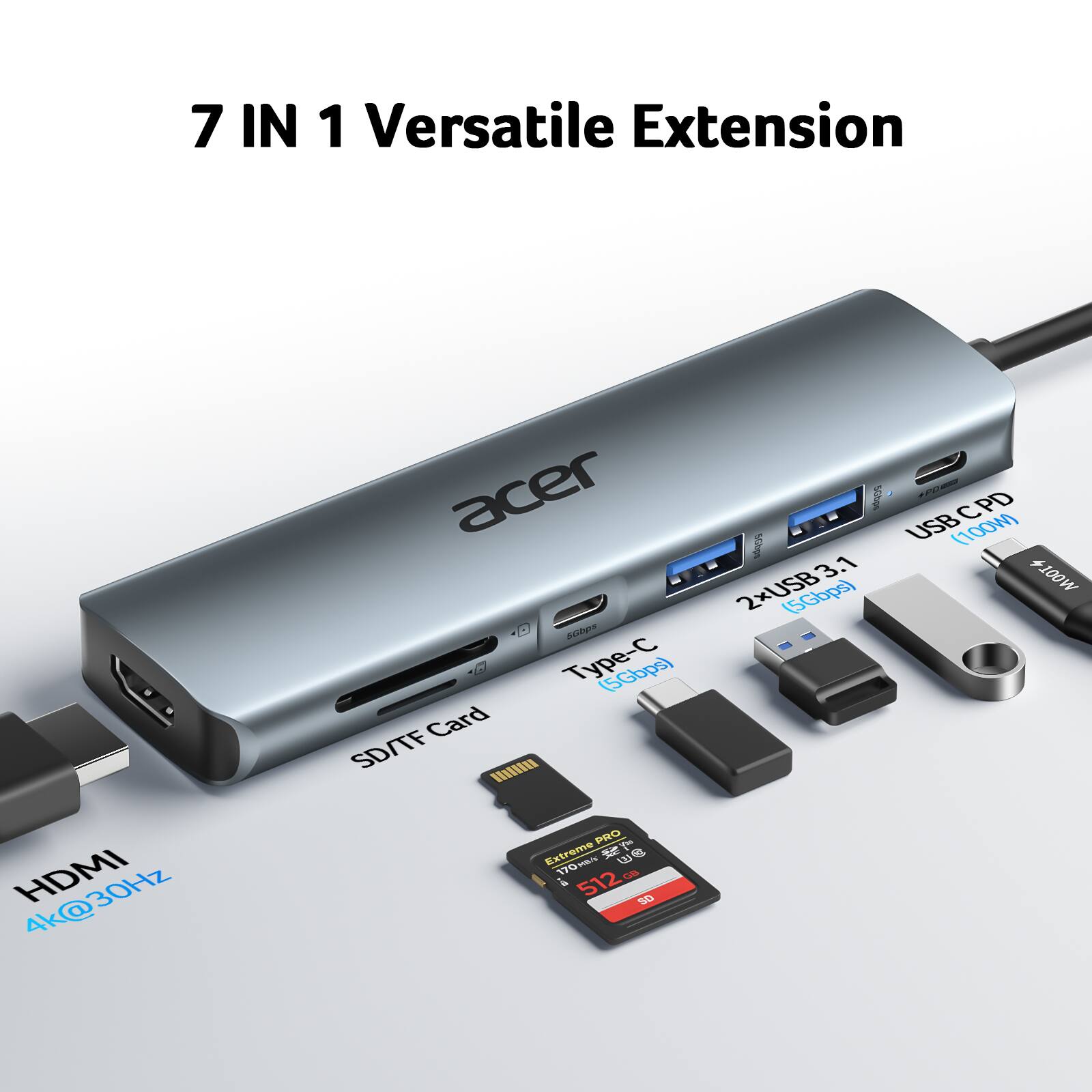 7 IN 1 Versatile Extension

acer

- SD/TF Card
- Type-C (5Gbps)
- 2xUSB 3.1 (5Gbps)
- USB 3.1 (100W)
- HDMI 4K@30Hz
- USB-C PD (100W)
- Extreme PRO 512GB SD Card