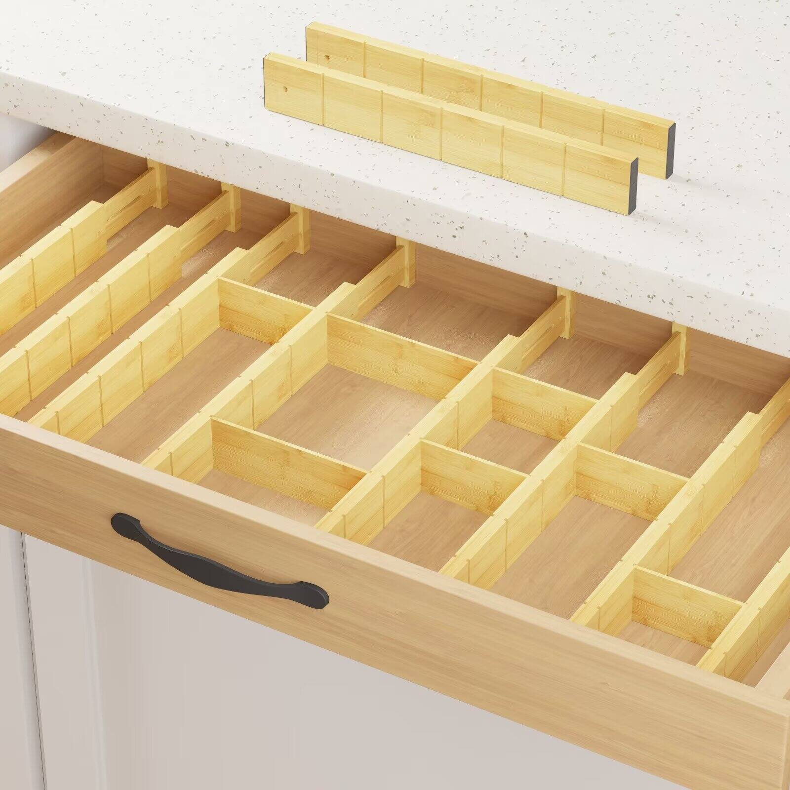 Alt View 1. Tooloton - Adjustable Bamboo Drawer Organizer Set, Expandable Divider, 10 Dividers & 24 Inserts, Natural 17-22 Inch - Natural.