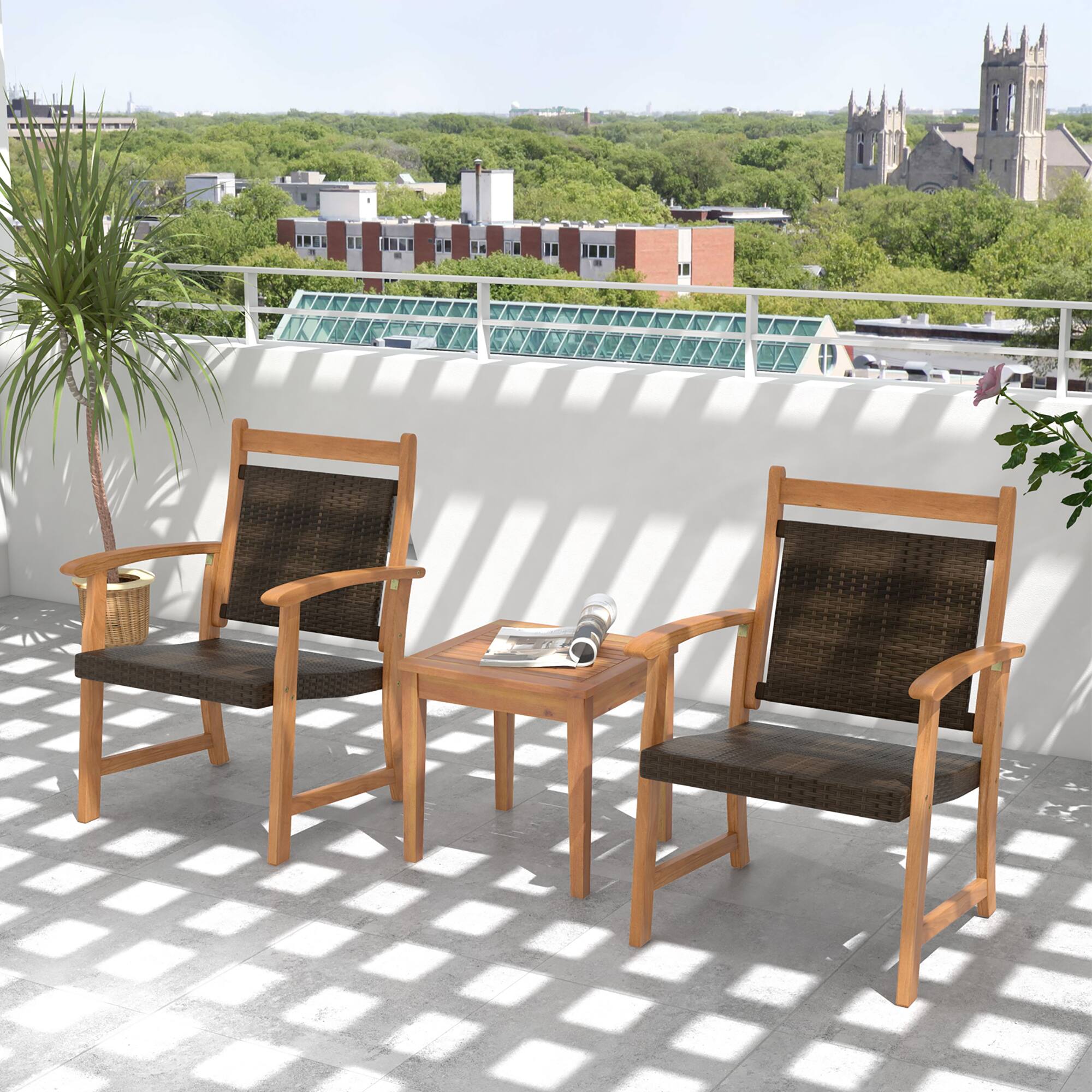 Alt View 3. Gymax - Gymax 3 Piece Brown Wicker Bistro Set Patio Chair Set of 2 w/ Acacia Wood Side Table - Reddish Brown.