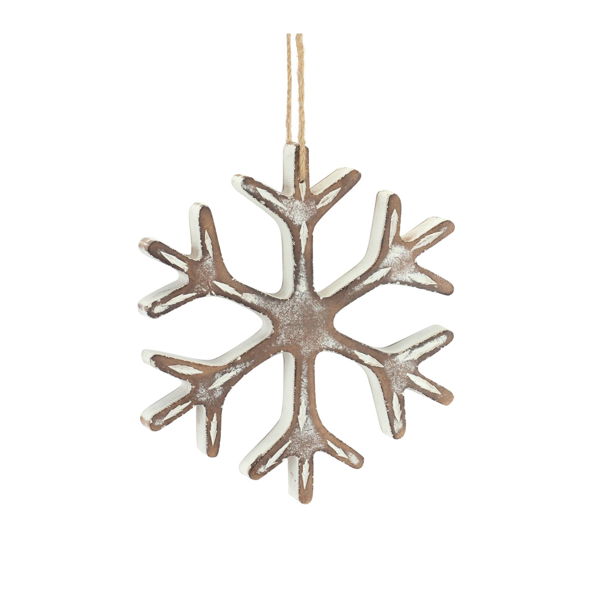 Alt View 1. BreeBe - Wooden Snowflake Ornament with White Washed Finish (Set of 12) - White, Brown.