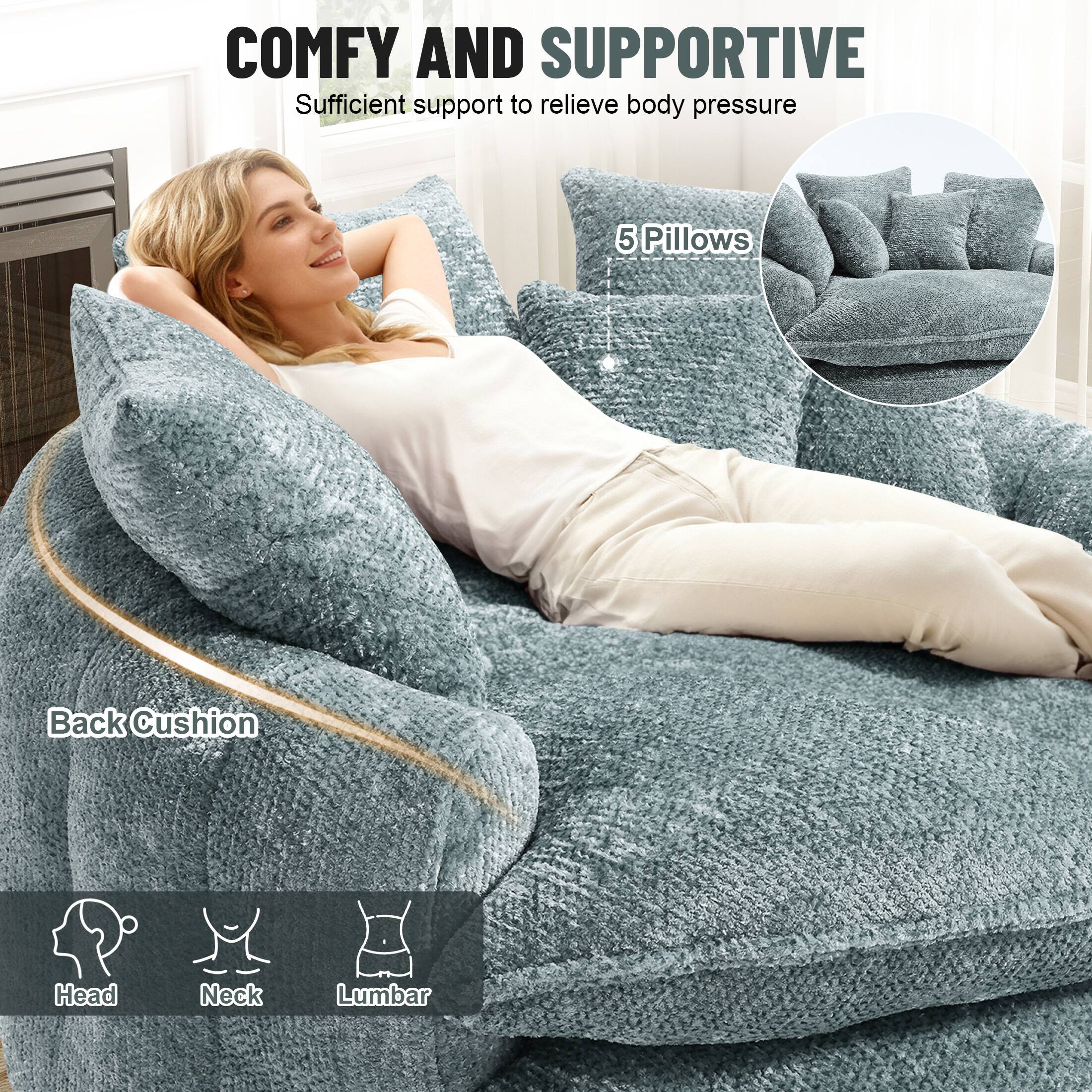 COMFY AND SUPPORTIVE  
Sufficient support to relieve body pressure  

5 Pillows  
Back Cushion  

Head  
Neck  
Lumbar