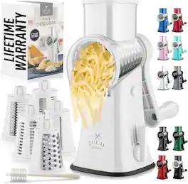 Zulay Kitchen - Rotary Cheese Grater 5 Blade Cheese Shredder with Reinforced Suction & 5 Interchangeable Drums - White