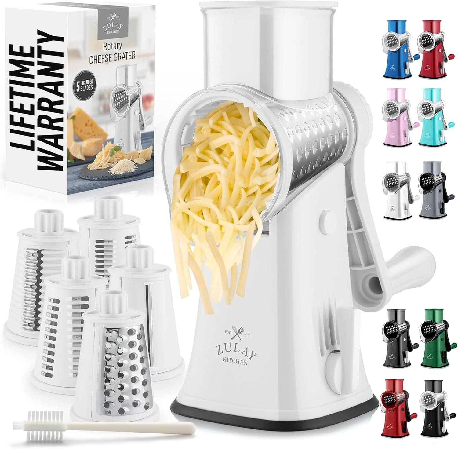 Zulay Kitchen - Rotary Cheese Grater 5 Blade Cheese Shredder with Reinforced Suction & 5 Interchangeable Drums - White