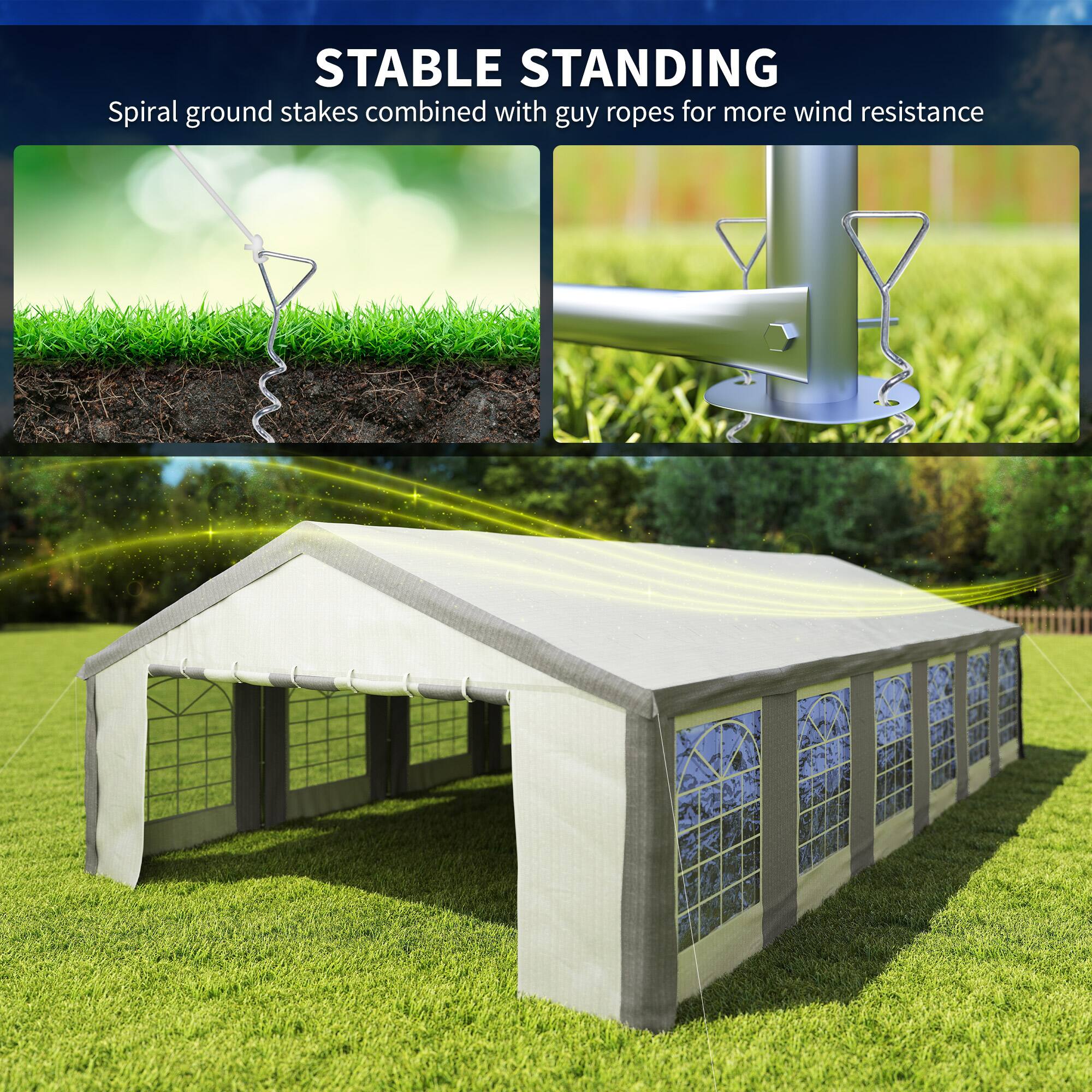STABLE STANDING
Spiral ground stakes combined with guy ropes for more wind resistance