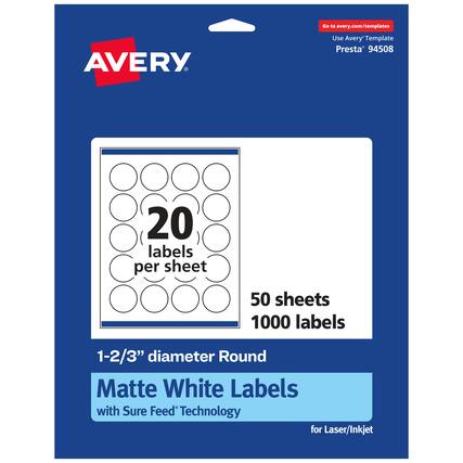 Go to avery.com/templates
AVERY
Use Avery™ Template Presta® 94508
20 labels per sheet
50 sheets
1000 labels
1-2/3" diameter Round Matte White Labels with Sure Feed® Technology for Laser/Inkjet