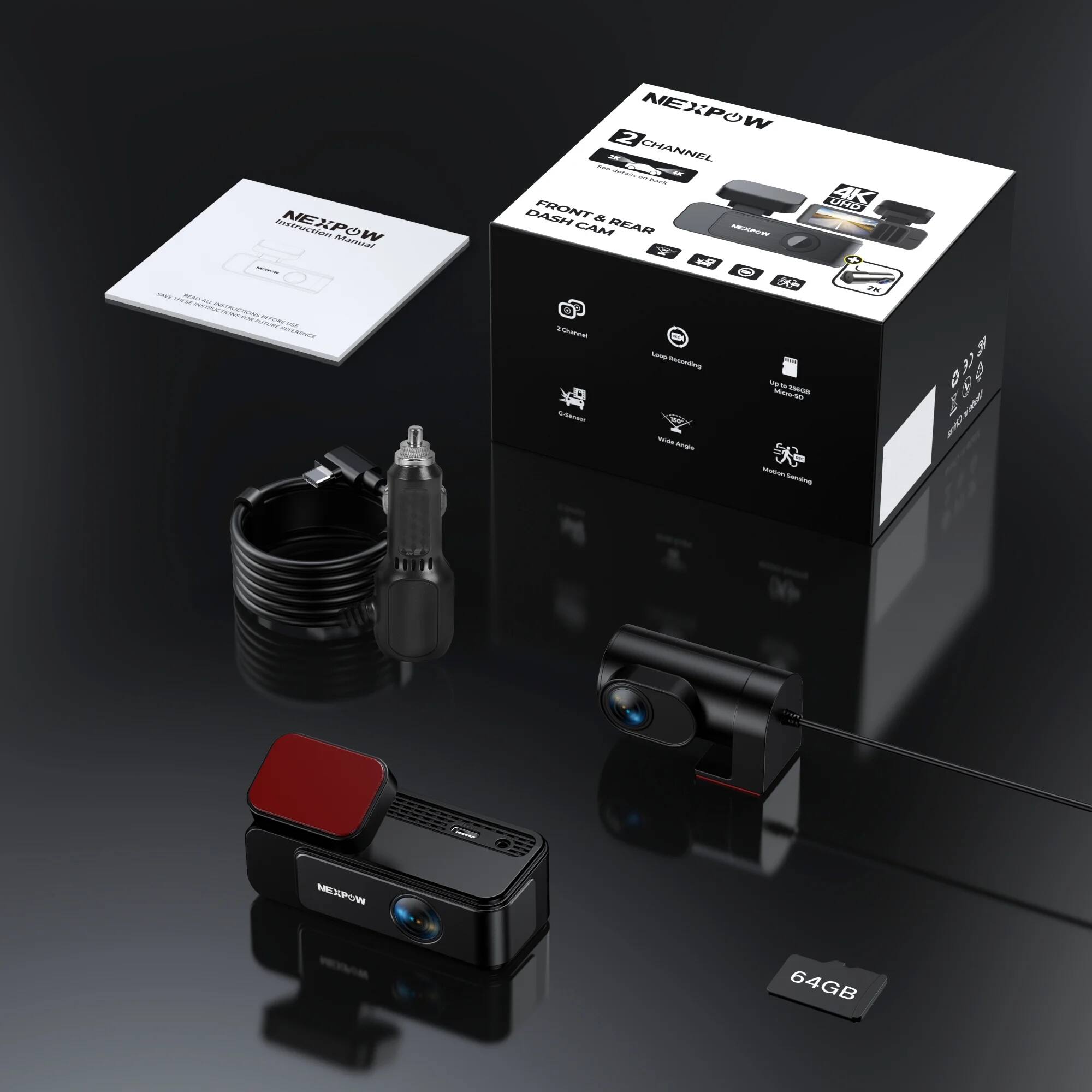 Sure, here is the corrected and grouped text from the image:

---

**NEXPOW**

**2 CHANNEL 4K DASH CAM**

- FRONT & REAR
- 2.7" LCD
- 64GB
- 2 Channel
- Loop Recording
- Up to 256GB
- Wide Angle
- Motion Sensor

**NEXPOW**

**Instruction Manual**

**NEXPOW**

**64GB**

---