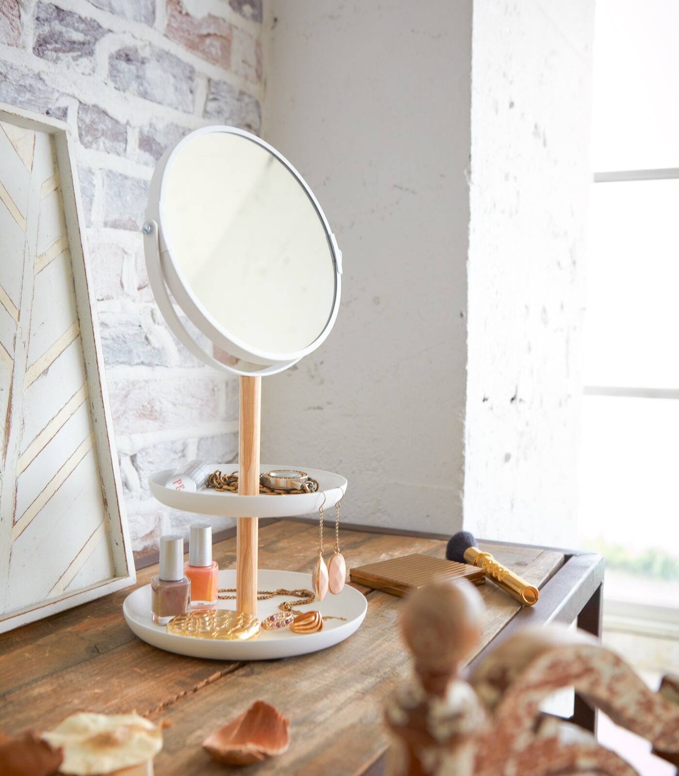 Back. Yamazaki Home - Two-Tier Jewelry Tray With Mirror - Steel + Wood - White.