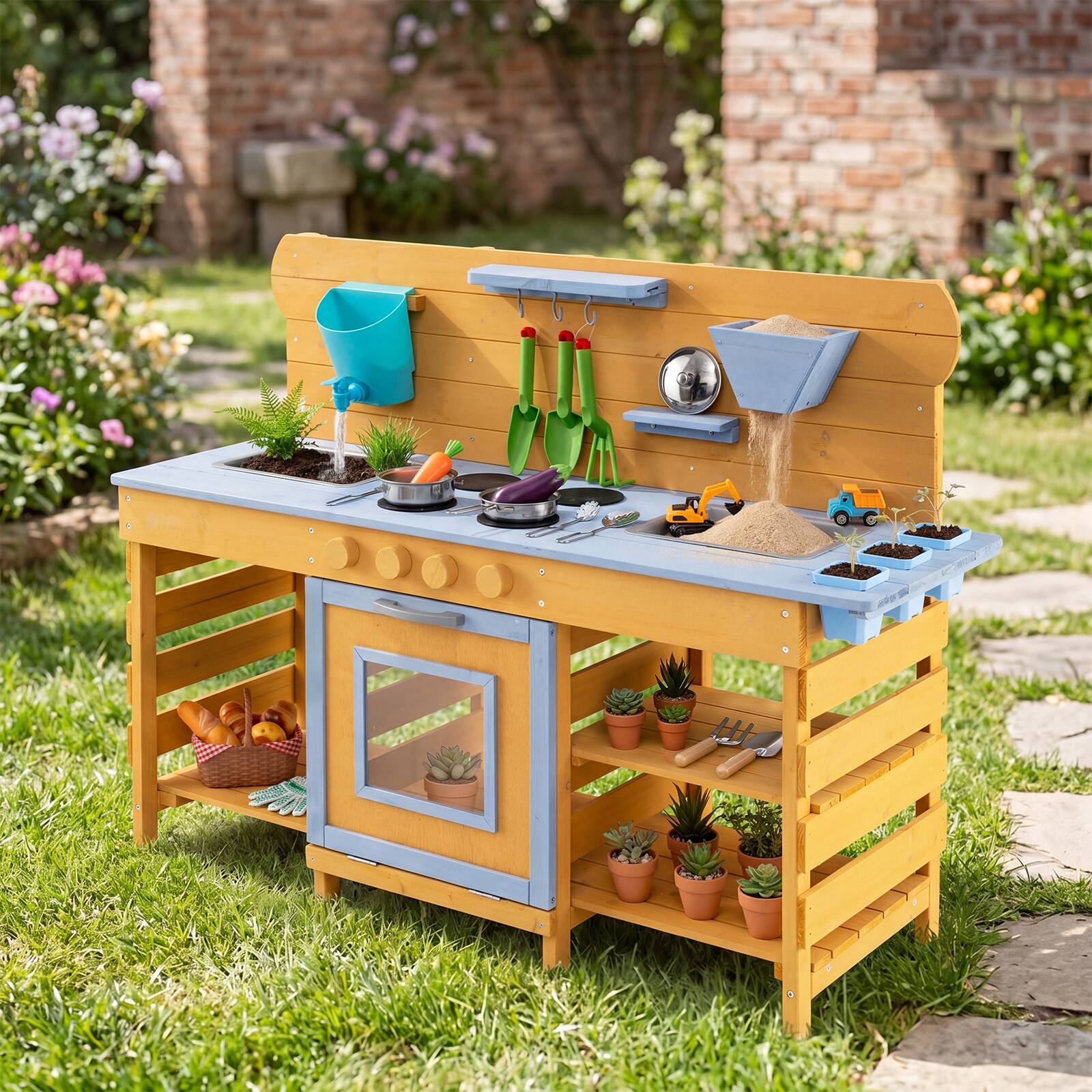 Alt View 3. Costway - Costway Mud Kitchen for Kids,Wooden Pretend Play Kitchen with 2 Sinks, Water Tank, 4 Stoves - Natural.