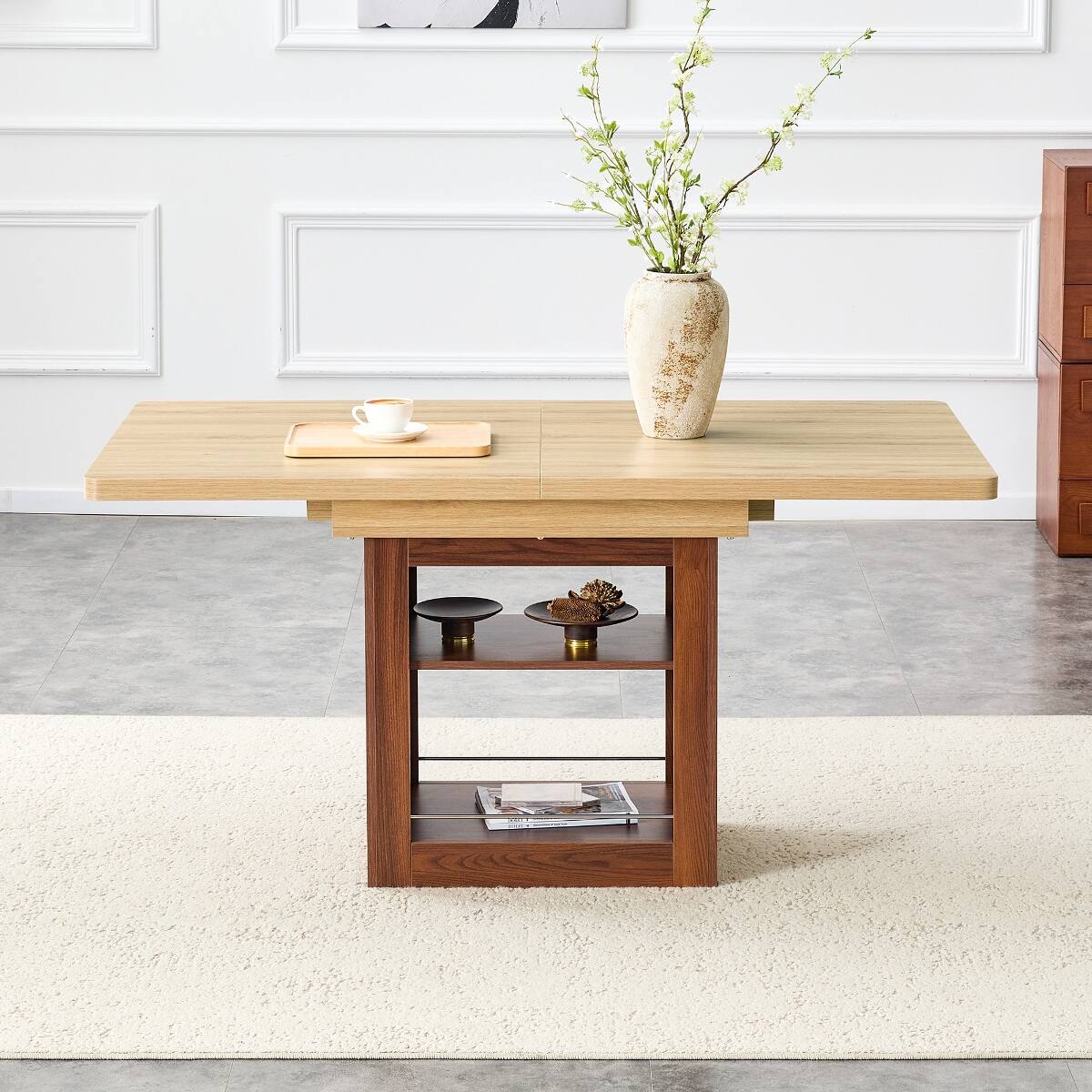 Left. Loheer - Loheer 59 to 71 inch Extendable Dining Table, Walnut Rectangular Table for 4 to 8 People - Walnut and wood.