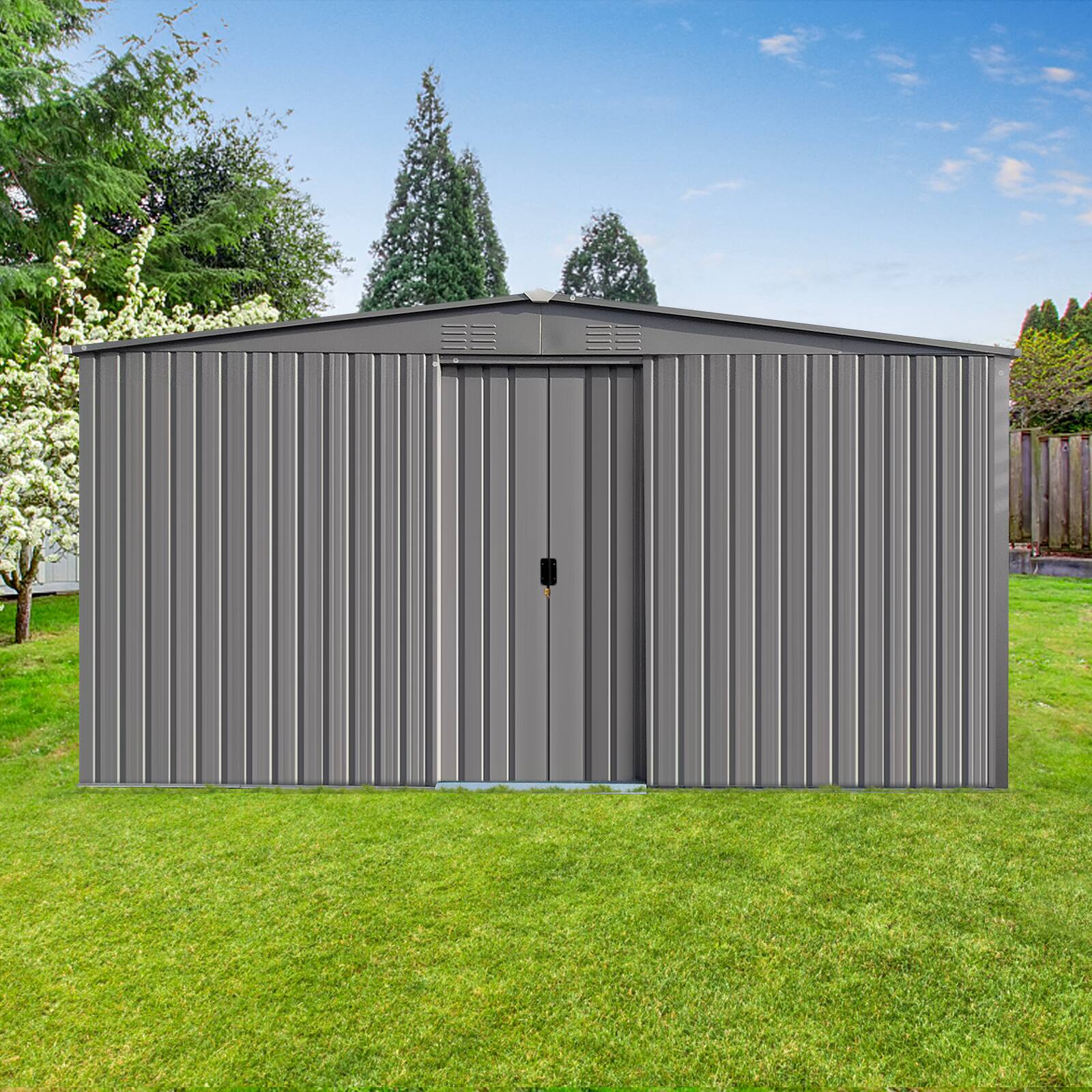 Angle. Mondawe - 14x12 Ft Outdoor Storage Shed with Tool Space and Firewood Storage - Grey.