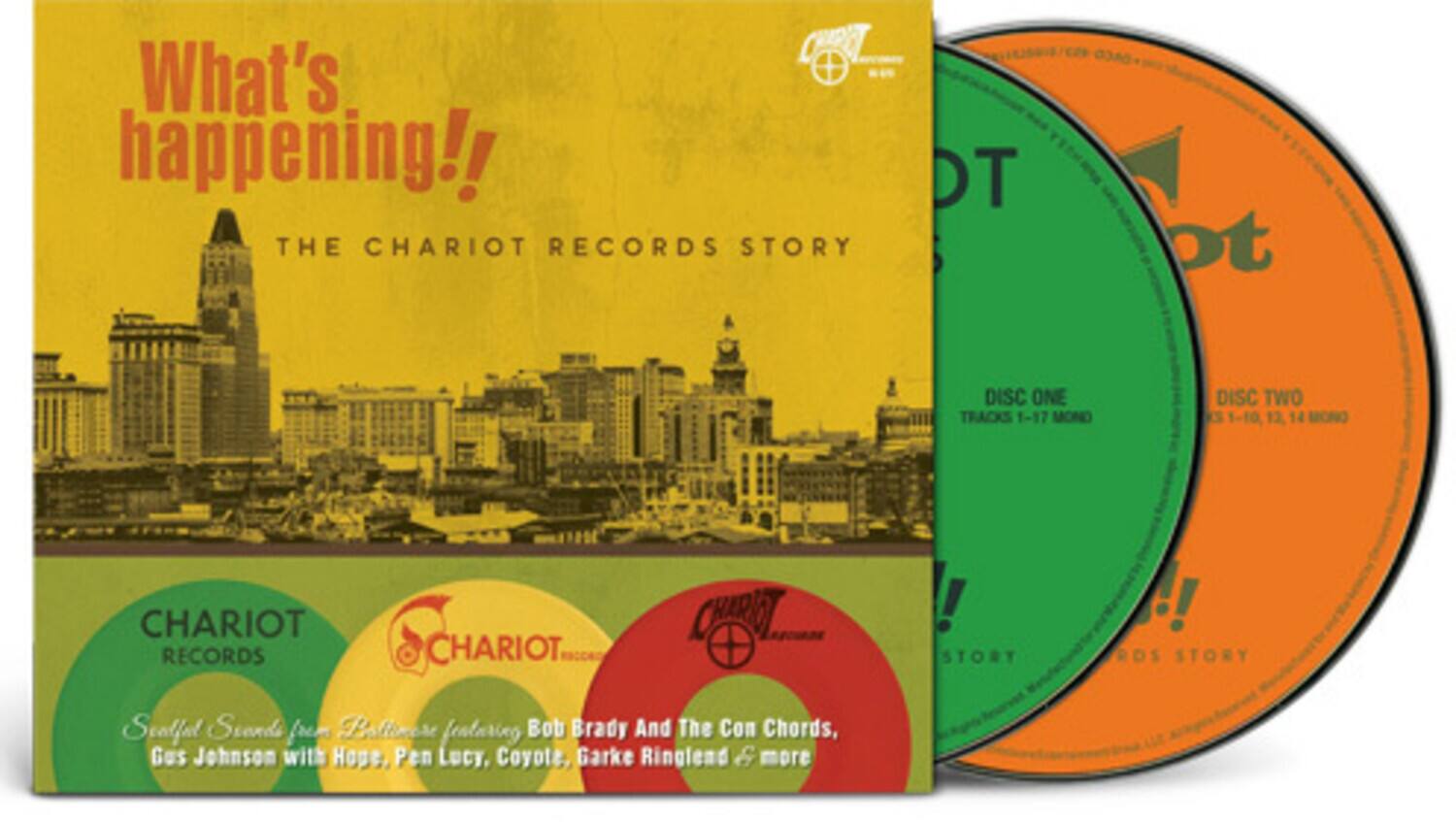 What's happening!!  
THE CHARIOT RECORDS STORY  
DISC ONE TRACKS 1-17 MONO  
DISC TWO TRACKS 1-10 12 14 MONO  
CHARIOT RECORDS  
CHARIOT CHERIET ! STORY !!  
Sealfal Stands from Pallmere featuring Bob Brady And The Con Chords, Gus Johnson with Hope, Pen Lucy, Coyote, Garke Ringlend & more