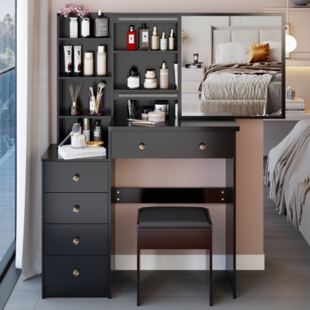 Left. LUCKY ONE - 37in Freestanding Vanity Set with Sliding Mirror, Stool and Multi-Layer Storage for Bedroom - Black.