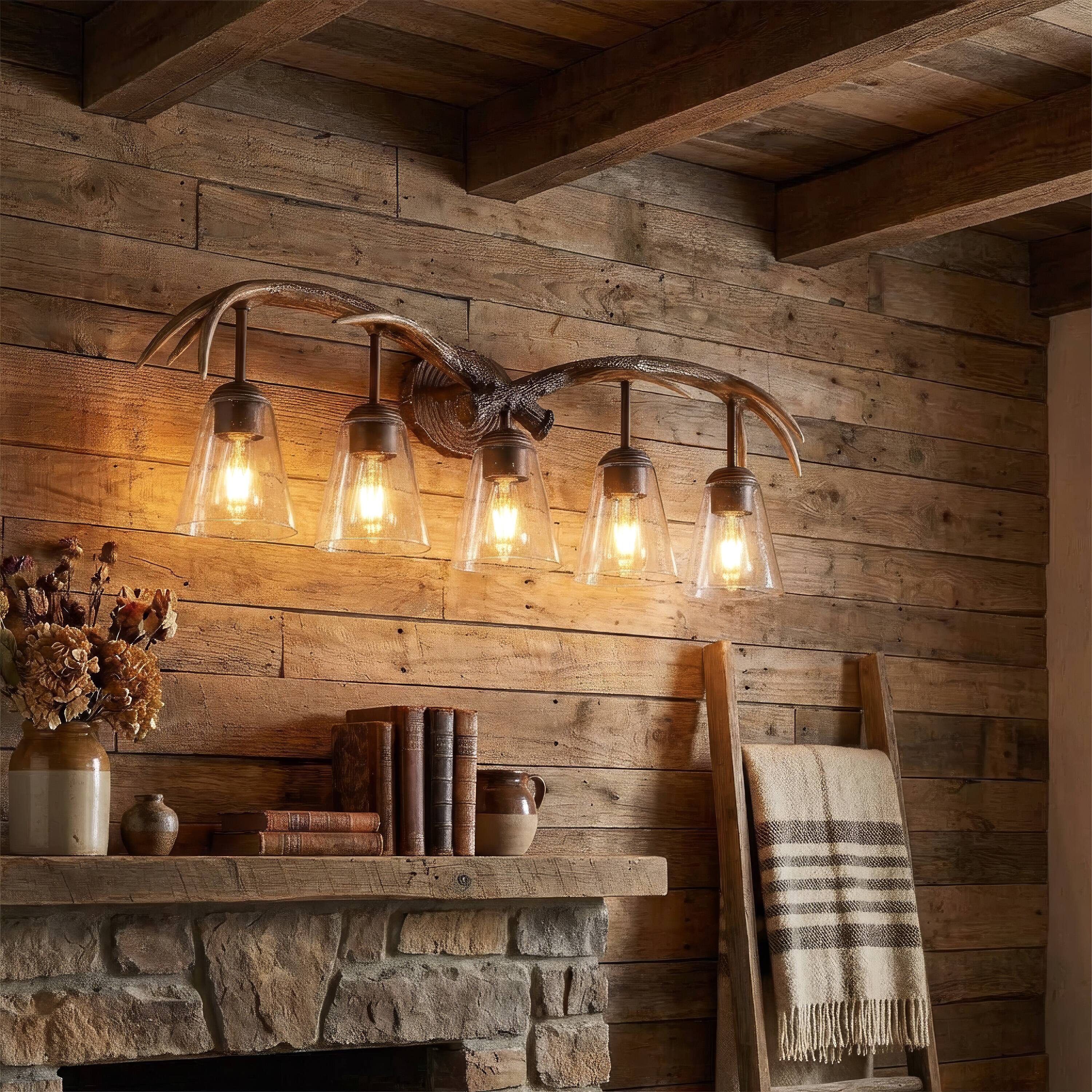 Alt View 7. Jonathan Y - Wyatt 37.75" 5-Light Southwestern Bohemian Resin/Seeded Glass Faux Antler LED Vanity Light, Brown Wood Finish - Brown Wood Finish.