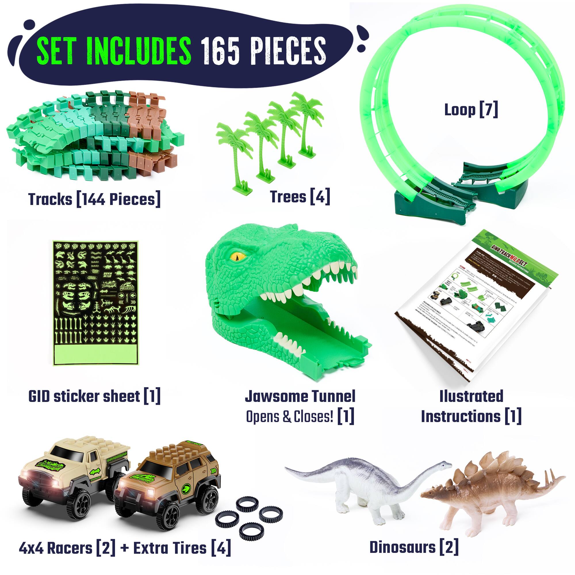 SET INCLUDES 165 PIECES

- Loop [7]
- Tracks [144 Pieces]
- Trees [4]
- GID sticker sheet [1]
- Jawsome Tunnel Opens & Closes! [1]
- Illustrated Instructions [1]
- 4x4 Racers [2] + Extra Tires [4]
- Dinosaurs [2]