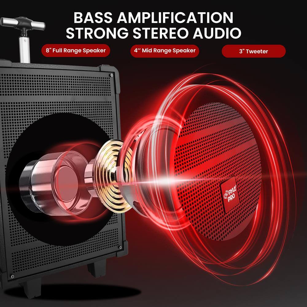 BASS AMPLIFICATION  
STRONG STEREO AUDIO  

8" Full Range Speaker  
4" Mid Range Speaker  
3" Tweeter  

PYLE PRO