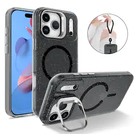 Dteck - Glitter Magnetic Case for Apple iPhone 18 Pro with Camera Stand, Sparkle Translucent Shockproof Cover with Wrist Strap - Black
