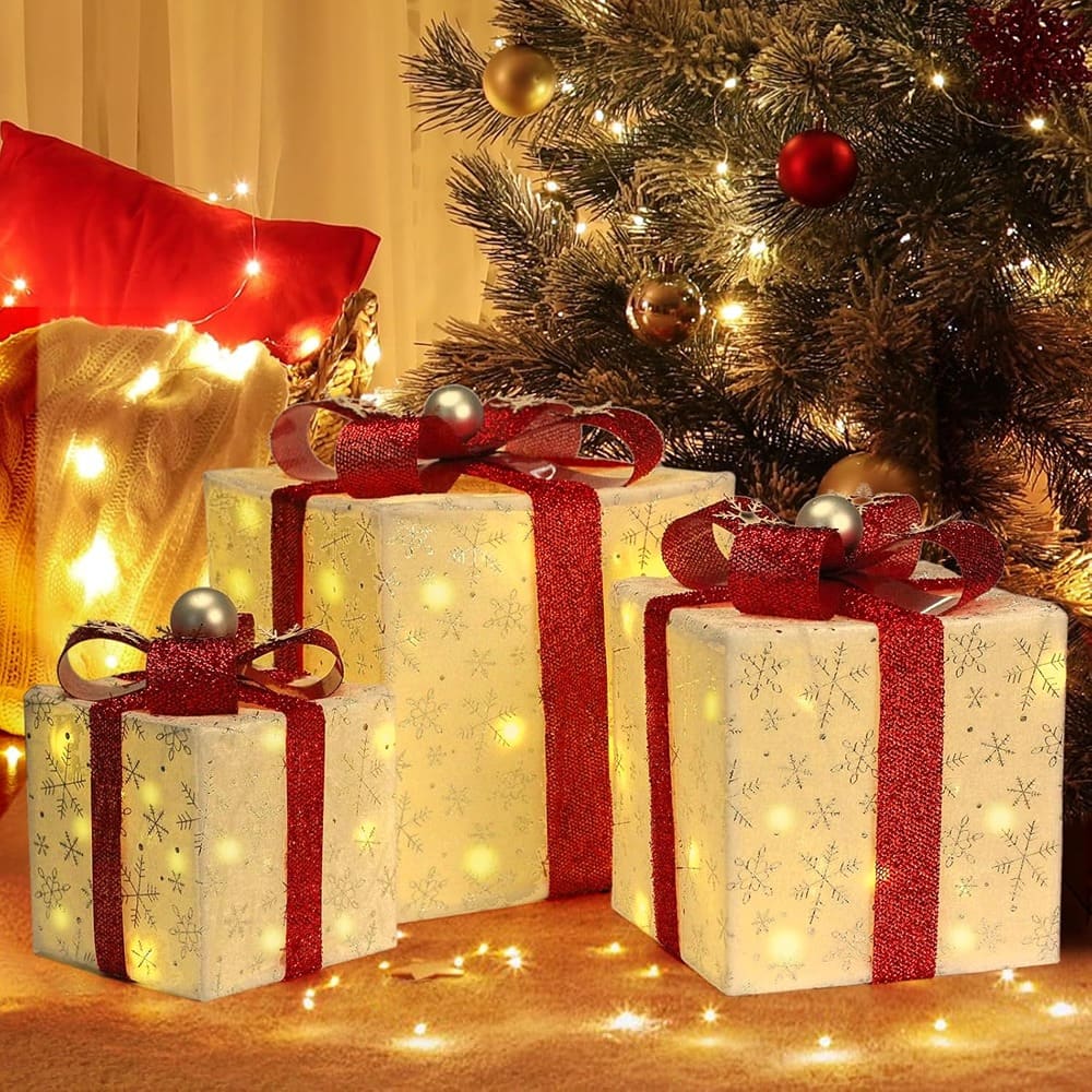 RTMB - Set of 3 Christmas Lighted Gift Boxes, 60 LED, Silver Holiday Decor - color/style: Snowflake+White