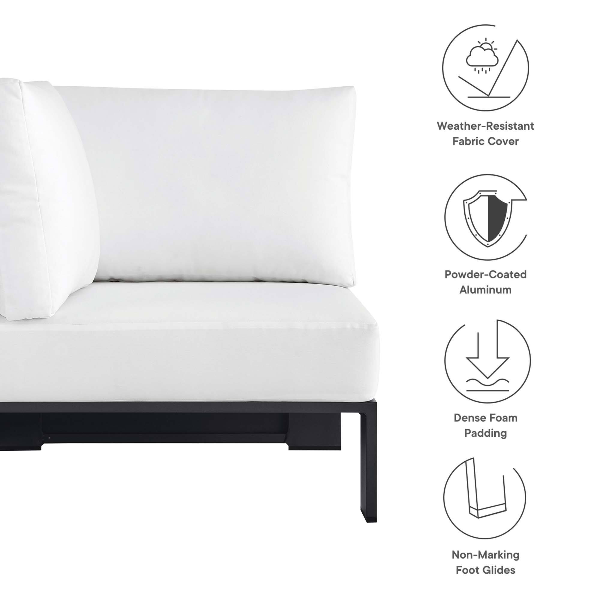 Weather-Resistant Fabric Cover  
Powder-Coated Aluminum  
Dense Foam Padding  
Non-Marking Foot Glides