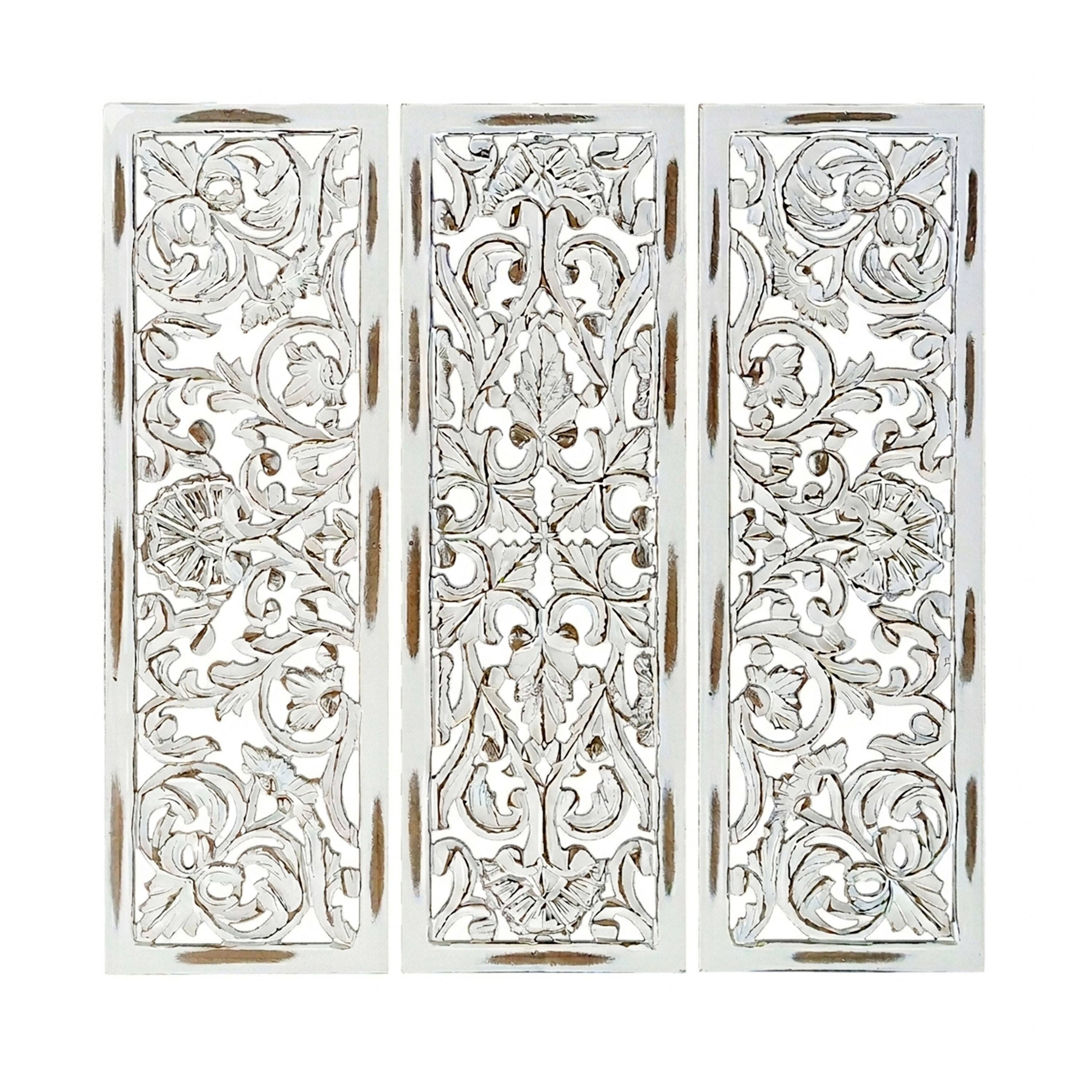 Front. Manhattan Lane - Leva 3pc Wood Wall Decor Set, Moroccan Floral Carving, Antique White Finish, 36 Inch Square - Antique White.