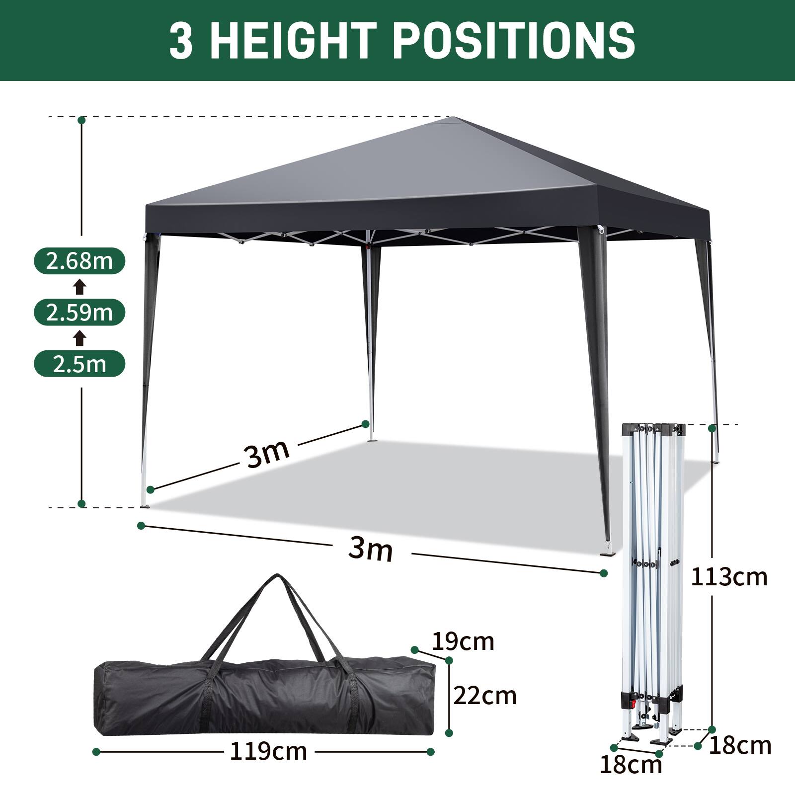 3 HEIGHT POSITIONS  
2.68m  
2.59m  
2.5m  
3m  
3m  
113cm  
19cm  
22cm  
119cm  
18cm  
18cm