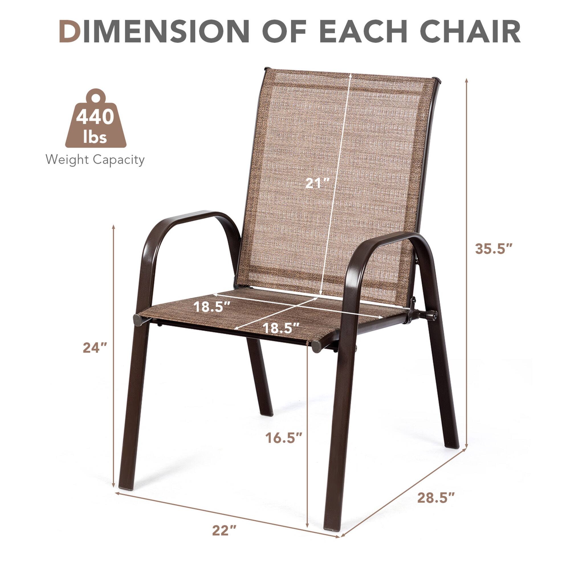 DIMENSION OF EACH CHAIR

440 lbs Weight Capacity

21"  
35.5"  
24"  
18.5"  
18.5"  
16.5"  
28.5"  
22"