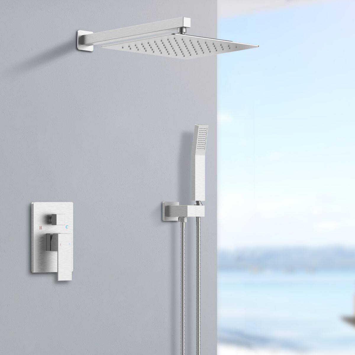 Angle. DOMETOUR - Shower System Shower Faucet Combo Set Wall Mounted with 10" Rainfall Shower Head and Handheld Shower Faucet - Brushed Nickel.