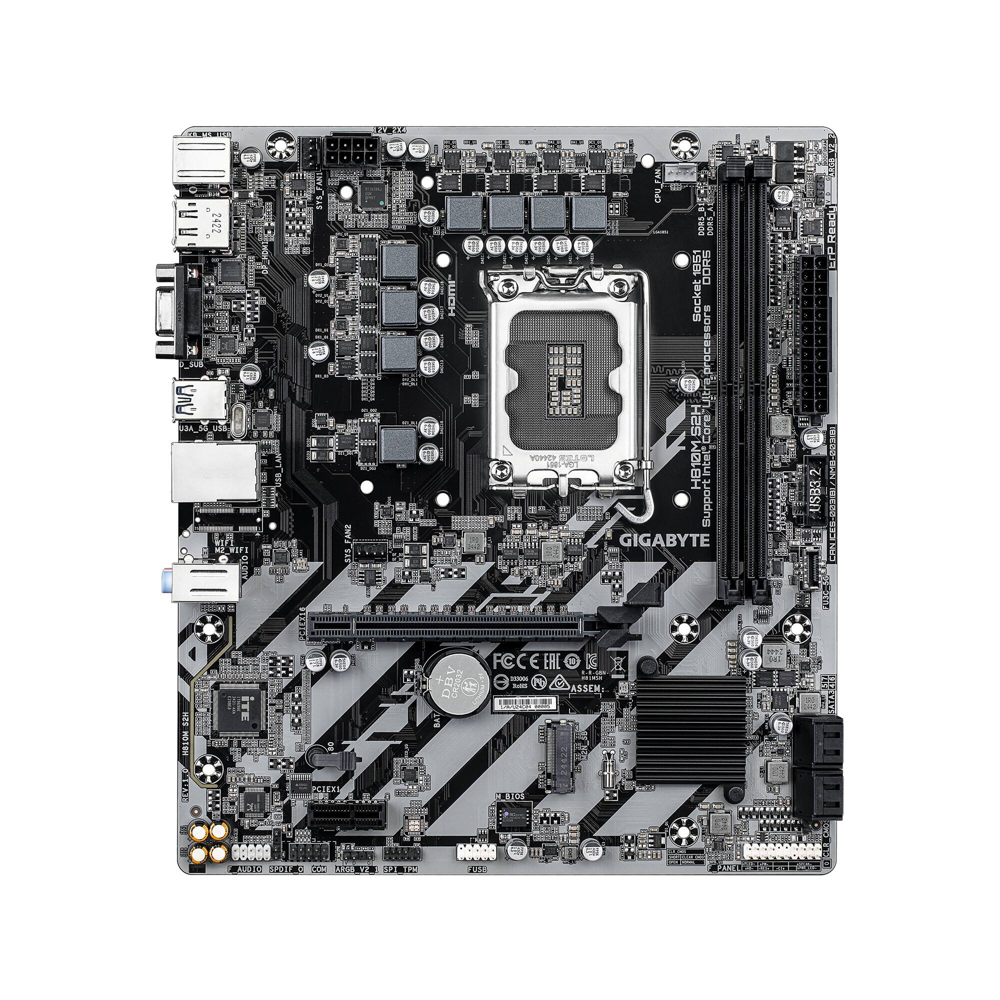 GIGABYTE - H810M S2H (Socket LGA 1851) Intel H810 mATX DDR5 Motherboard - Black