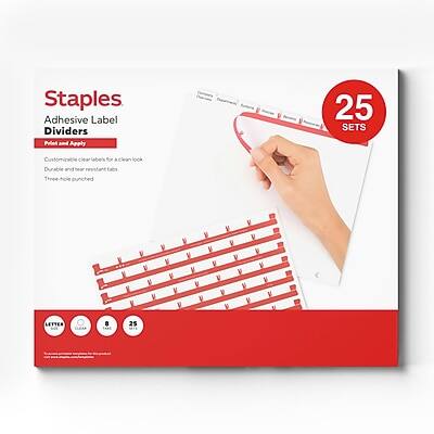 Staples  
Adhesive Label Dividers  
Print and Apply  

Customizable clear labels for a clean look  
Durable and tear resistant labels  
Three hole punched  

25 SETS  

LETTER  
5  
25