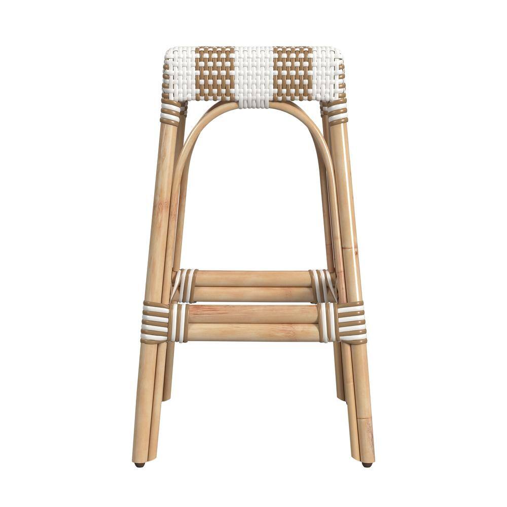 Left. Butler Specialty - Robias Rectangular Rattan 30" Bar Stool - Tan And White Stripe.