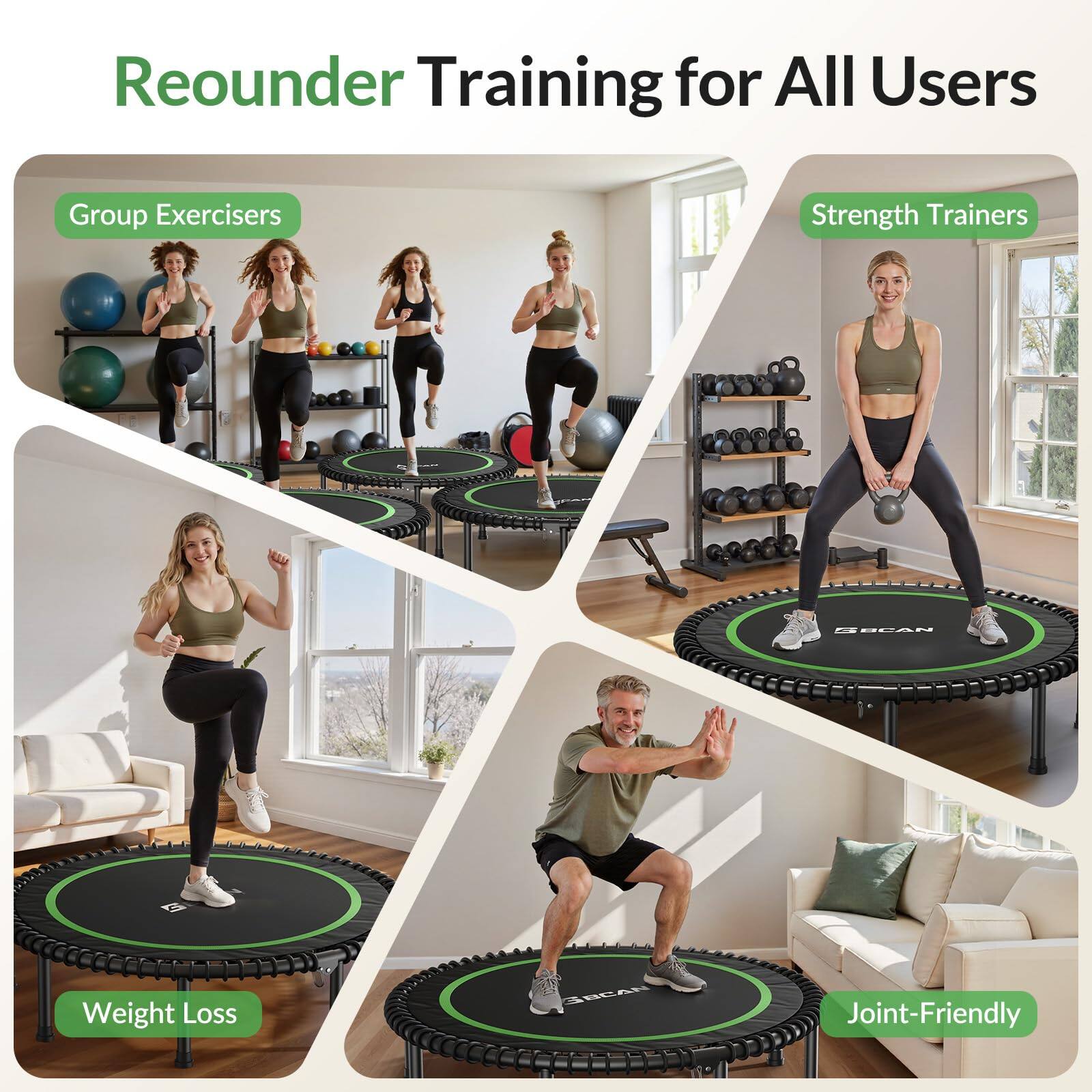 Reounder Training for All Users

- Group Exercisers
- Strength Trainers
- Weight Loss
- Joint-Friendly