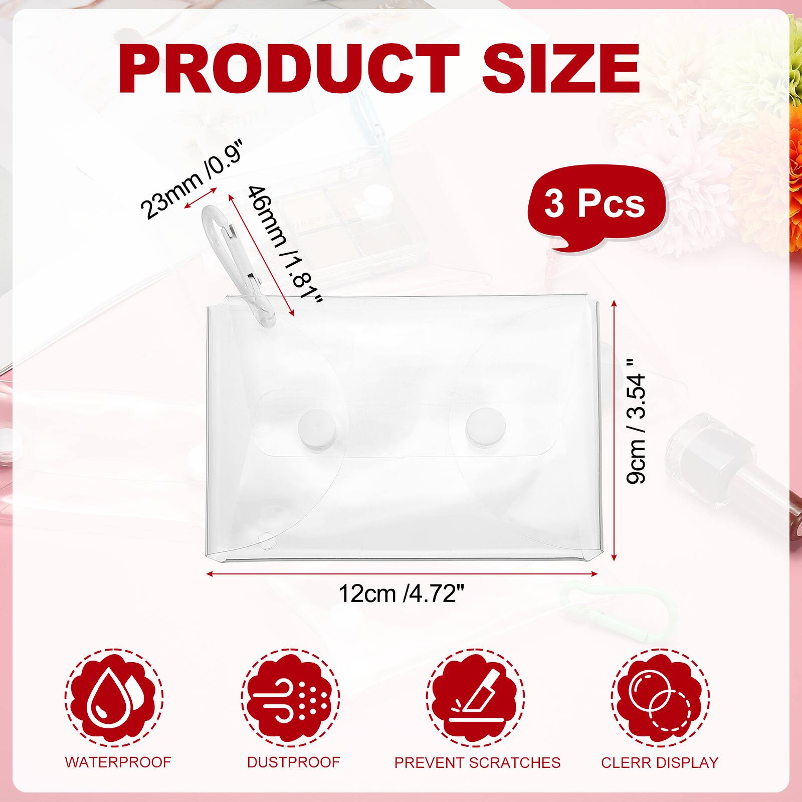 PRODUCT SIZE

- 23mm / 0.9"
- 46mm / 1.81"
- 9cm / 3.54"
- 12cm / 4.72"

3 Pcs

- WATERPROOF
- DUSTPROOF
- PREVENT SCRATCHES
- CLEAR DISPLAY