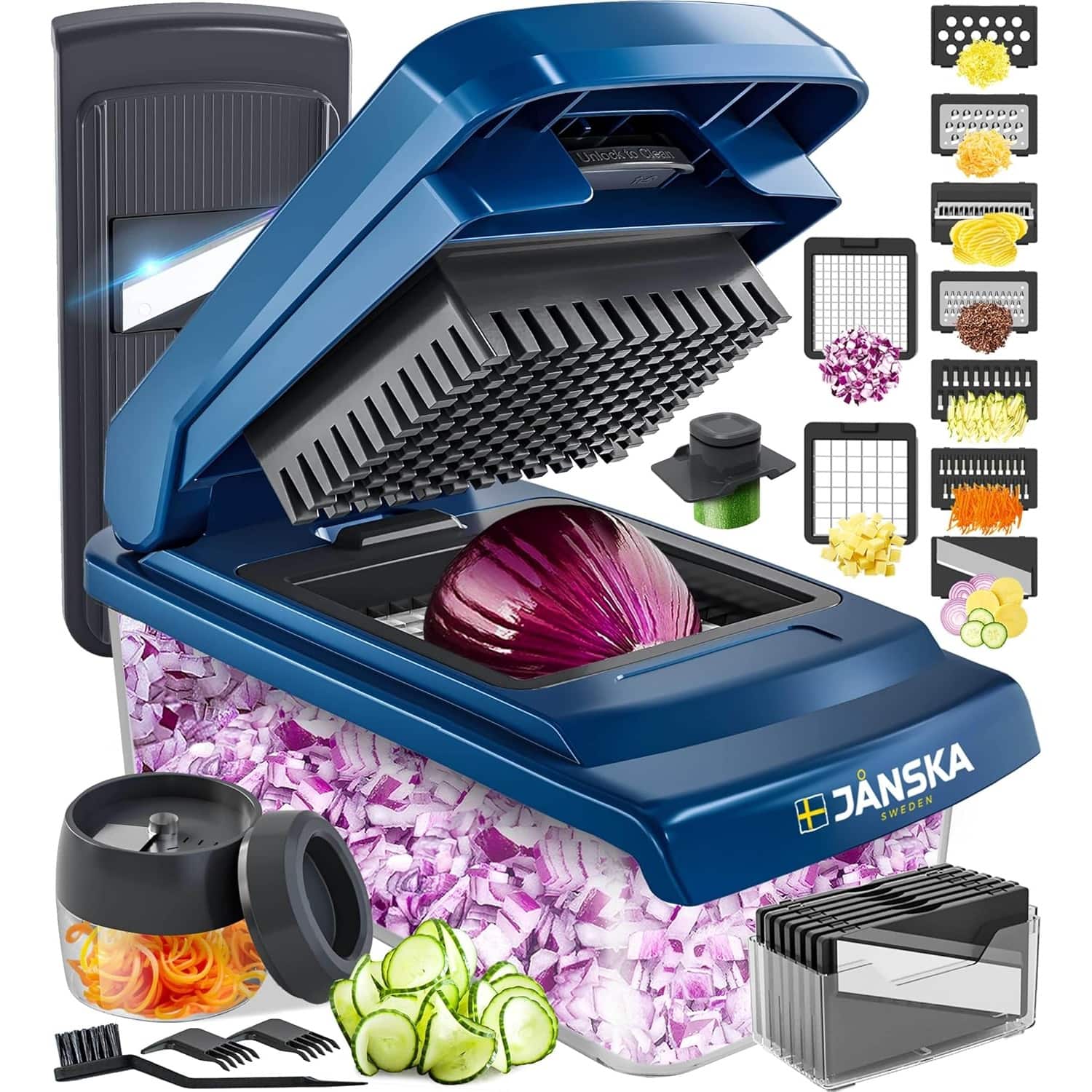 PARKER SLATER - All-in-One Vegetable Chopper with Container, Spiralizer, Slicer, Dicer, Onion Mincer, Salad Cutter - Blue and Gray