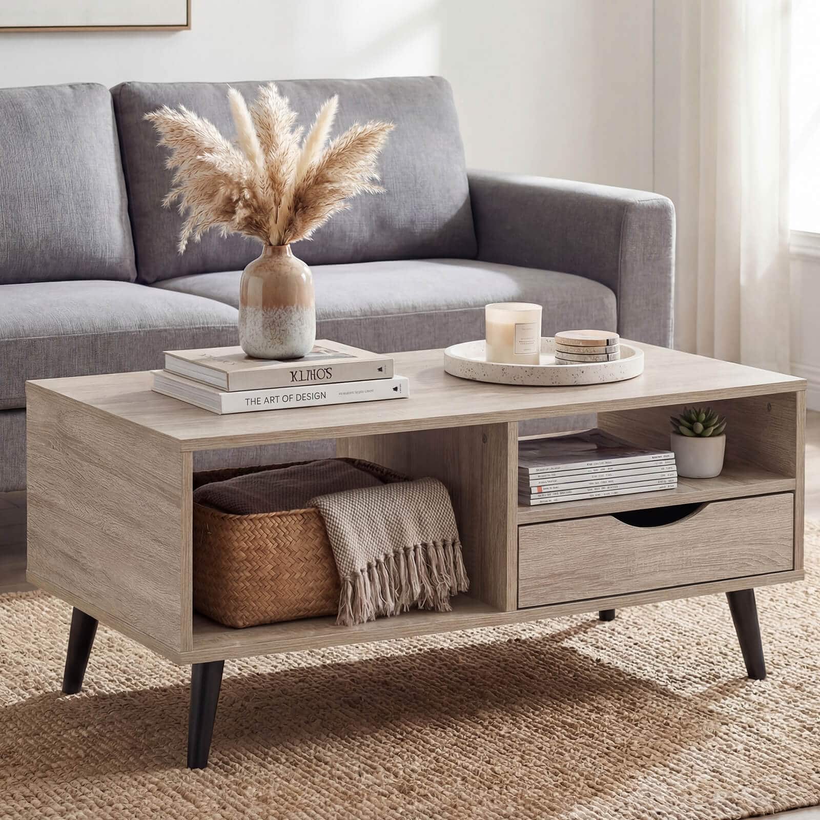 Costway - Coffee Table with Storage, Rustic Rectangle Center Table with Drawer & Open Shelves - Natural