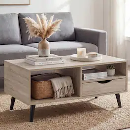 Costway - Coffee Table with Storage, Rustic Rectangle Center Table with Drawer & Open Shelves - Natural