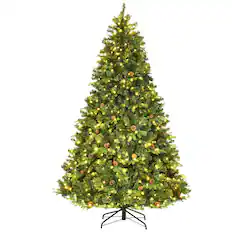 Front. Costway - 7.5Ft Pre-Lit Christmas Tree Hinged 540 LED Lights Pine Cones - Green.