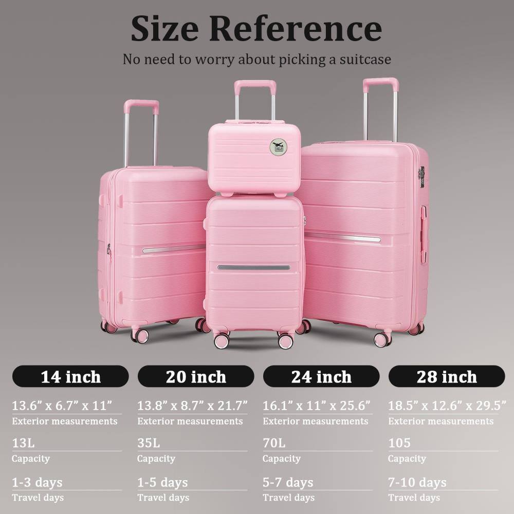 **Size Reference**  
No need to worry about picking a suitcase

- **14 inch**  
  - Exterior measurements: 13.6" x 6.7" x 11"  
  - Capacity: 13L  
  - Travel days: 1-3 days

- **20 inch**  
  - Exterior measurements: 13.8" x 8.7" x 21.7"  
  - Capacity: 35L  
  - Travel days: 1-5 days

- **24 inch**  
  - Exterior measurements: 16.1" x 11" x 25.6"  
  - Capacity: 70L  
  - Travel days: 5-7 days

- **28 inch**  
  - Exterior measurements: 18.5" x 12.6" x 29.5"  
  - Capacity: 105L  
  - Travel days: 7-10 days