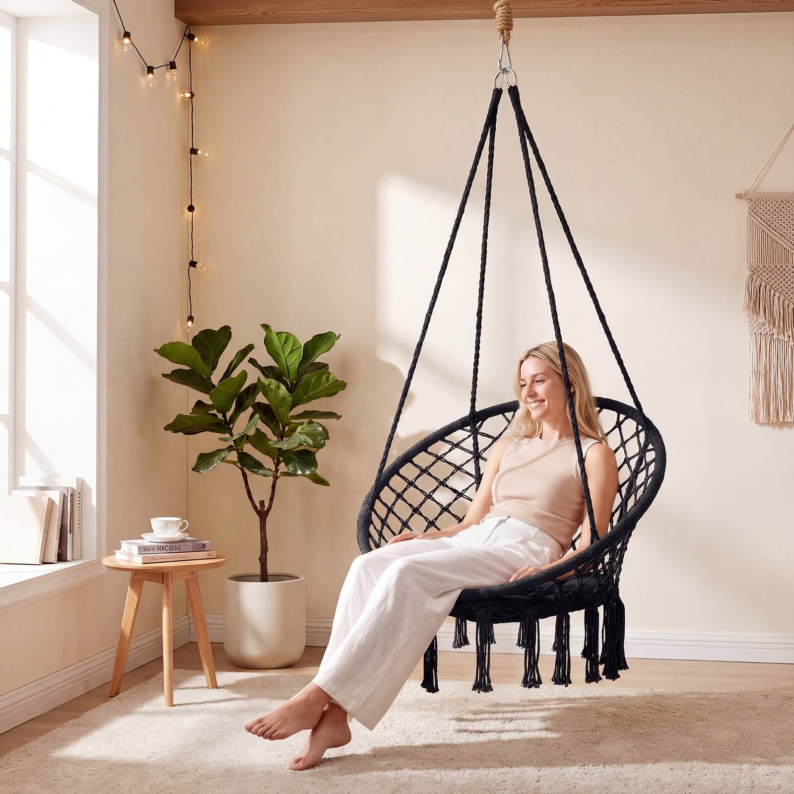 Alt View 3. Costway - Costway Swing Chair, Hammock Chair with Round Seat Cushion, Indoor & Outdoor Boho Chair - Black.
