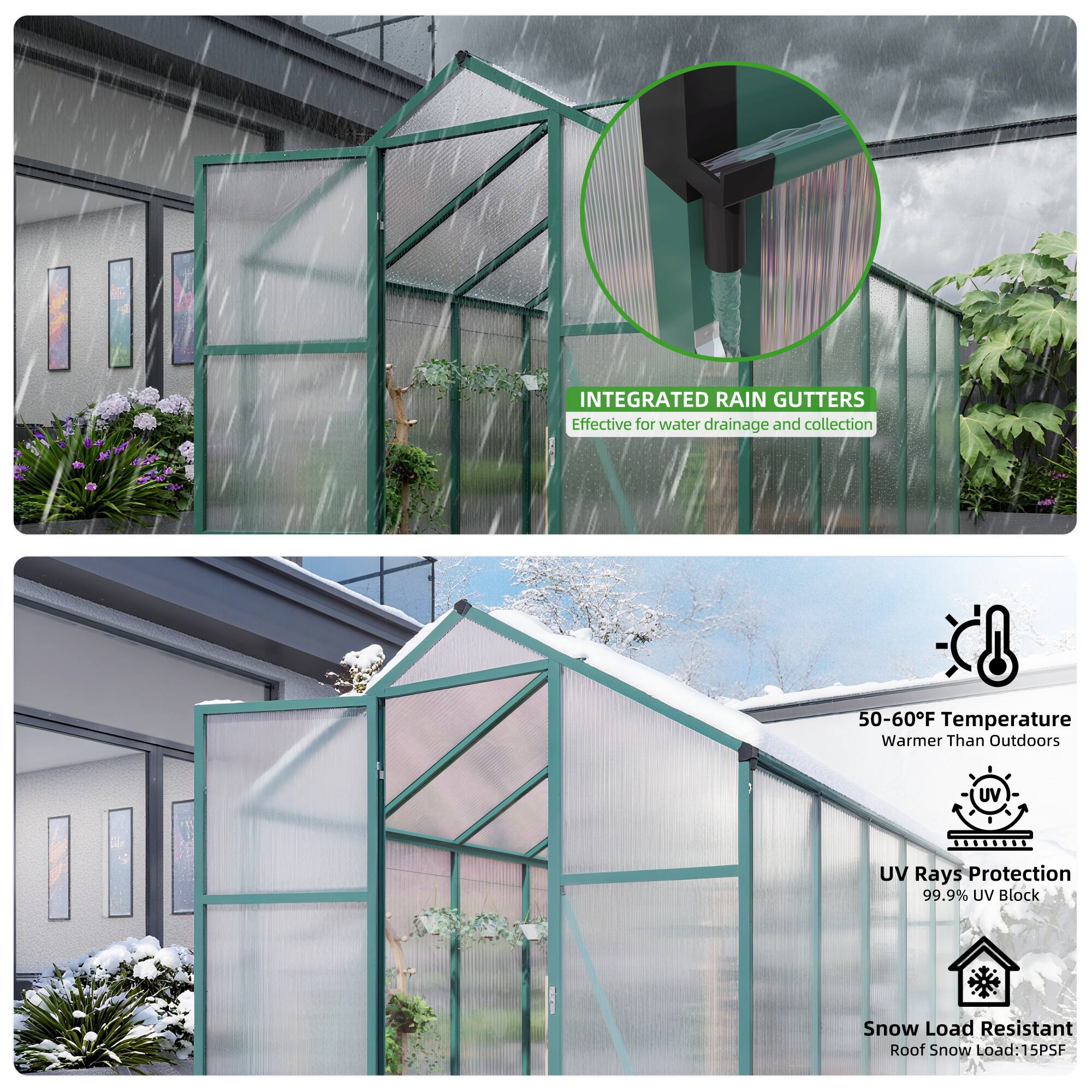 INTEGRATED RAIN GUTTERS  
Effective for water drainage and collection

50-60°F Temperature  
Warmer Than Outdoors

UV Rays Protection  
99.9% UV Block

Snow Load Resistant  
Roof Snow Load: 15PSF