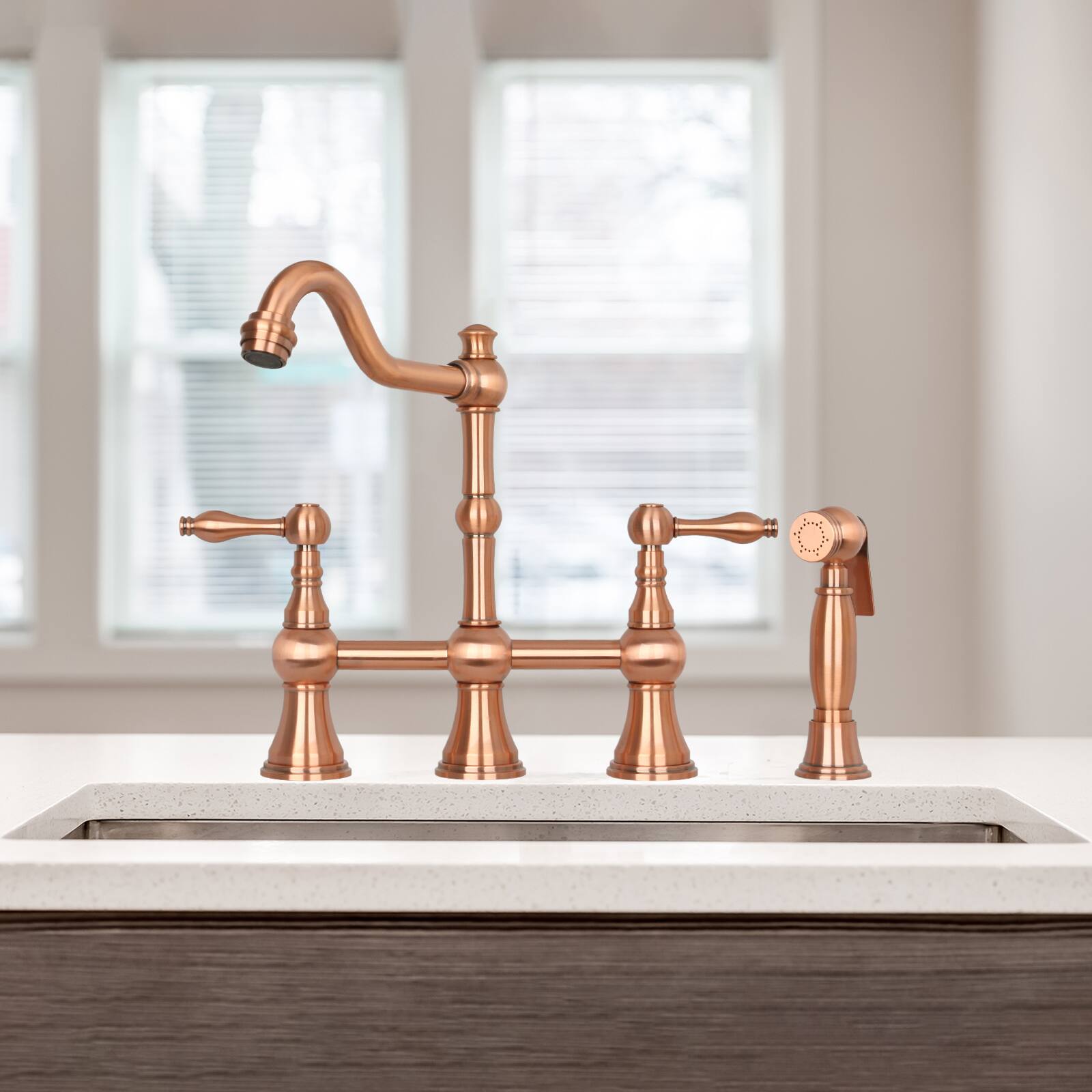Alt View 3. Akicon - Akicon Solid Brass Bridge Kitchen Faucets with Side Sprayer 2 Lever Handles in Copper - Copper.