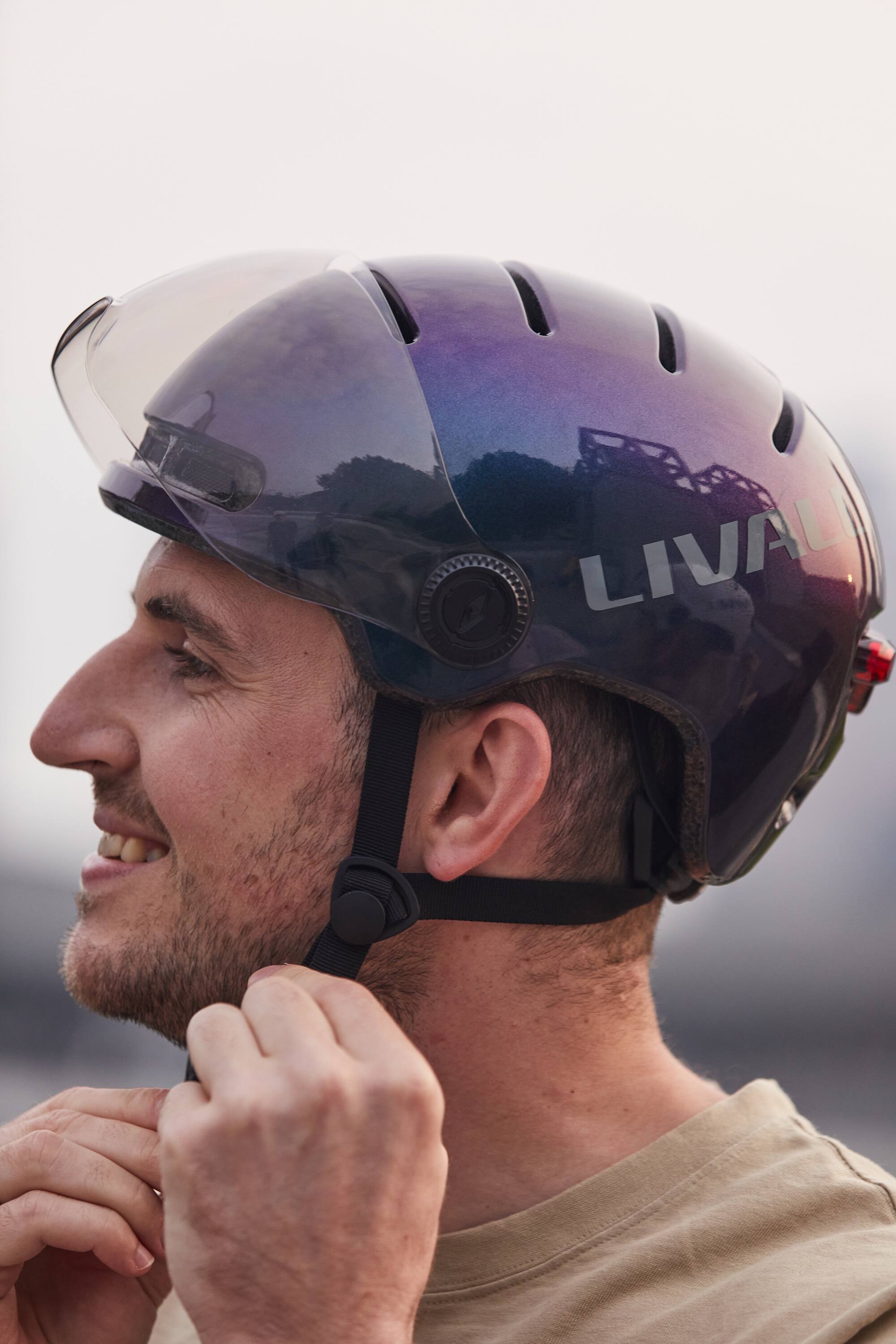 Left. LIVALL - LIVALL L23 Smart Bike Helmet, LED Lights & Removable Visor, NTA8776 E-Bike Certified, Fall Detection & SOS Alert- Purple - Purple.
