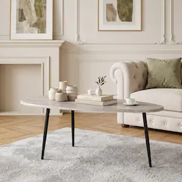 WELLFOR - Oval Coffee Table with Metal Legs, Mid Century Center Table Easy Assembly Tea Table - Gray