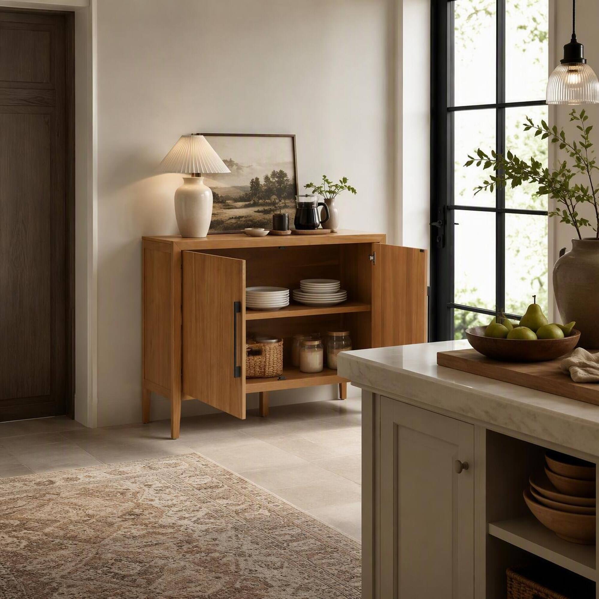 Left. RYHNUYNE - Freestanding 47.25 Inch Farmhouse Sideboard with 2 Doors and Adjustable Feet, Wooden Storage Cabinet - Natural.