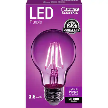 LED
Purple
FEIT Electric
2X
DOUBLE LIFE
3.6 watts
Lights Up Purple
Non-dimmable
20,000 life hours