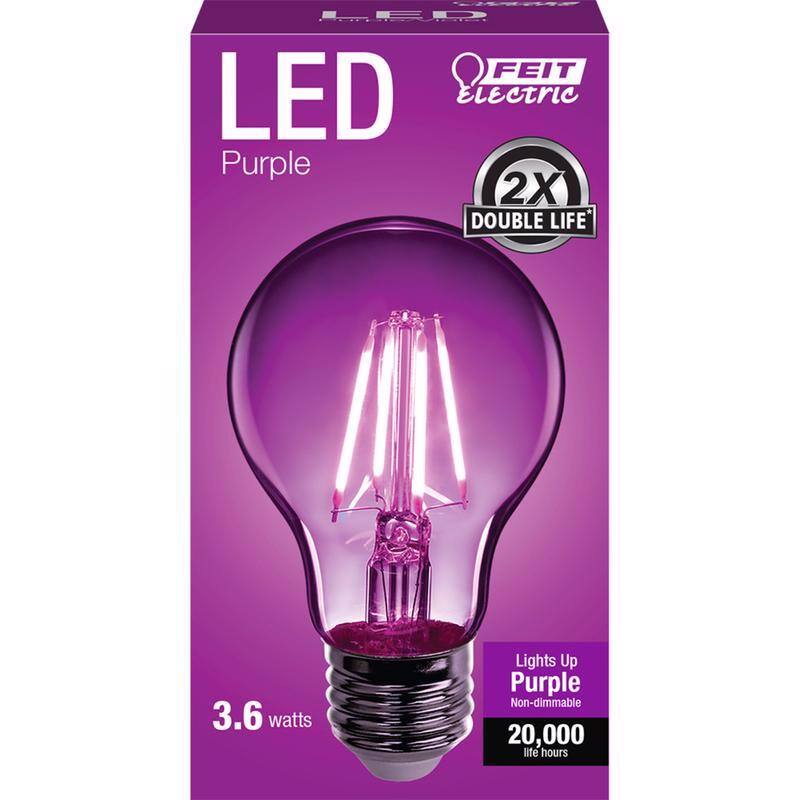 LED  
Purple  

FEIT Electric  

2X  
DOUBLE LIFE  

3.6 watts  

Lights Up Purple  
Non-dimmable  
20,000 life hours