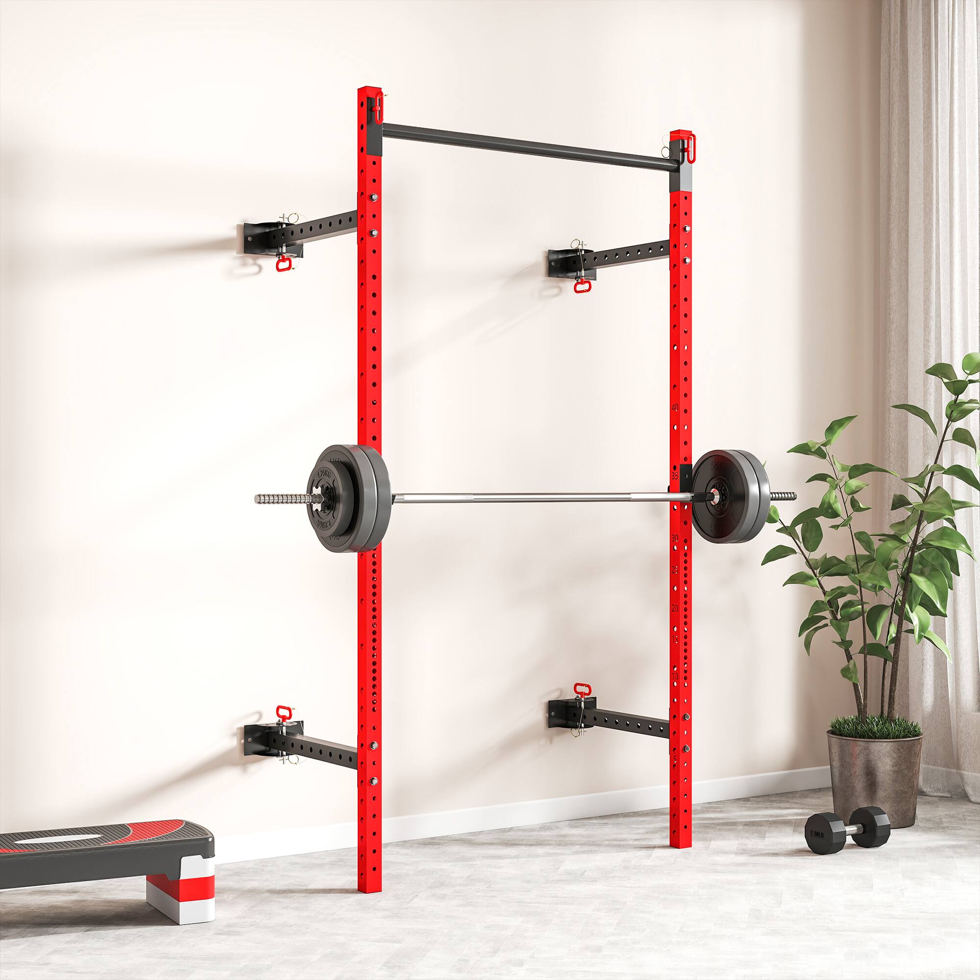 Alt View 8. Soozier - Folding Squat Rack with Adjustable Pull-Up Bar, 1000 Pounds Capacity Wall Mounted Power Rack, Adjustable Barbell Rack - Red.