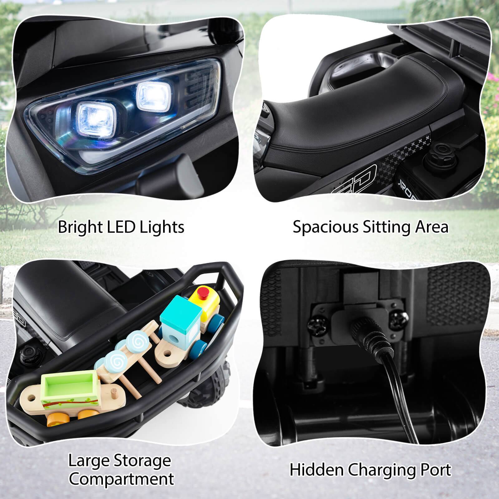 Bright LED Lights  
Spacious Sitting Area  
Large Storage Compartment  
Hidden Charging Port