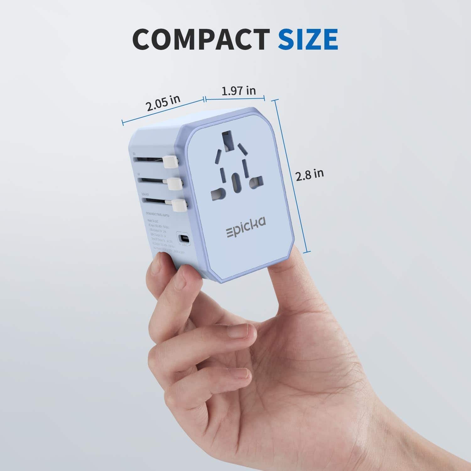 The text on the image reads "Compact Size 2.05 in 1.97 in 2.8 in - TACLOS Epicka." This text is grouped and corrected as follows:
"Compact Size 2.05 in 1.97 in 2.8 in - TACLOS Epicka."
The text describes the size of the compact size device, which measures 2.05 inches in length, 1.97 inches in width, and 2.8 inches in height. The device is made by TACLOS and is called Epicka.