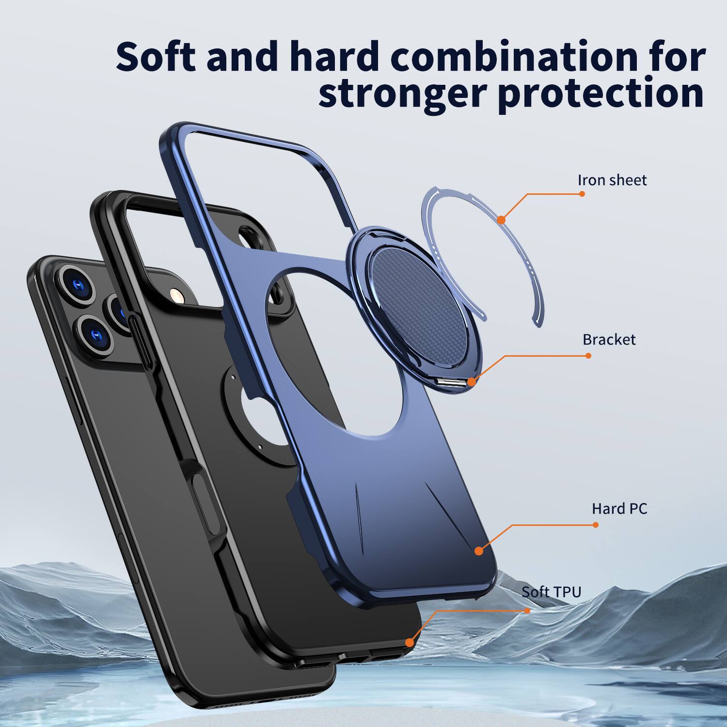 Soft and hard combination for stronger protection  
Iron sheet  
Bracket  
Hard PC  
Soft TPU