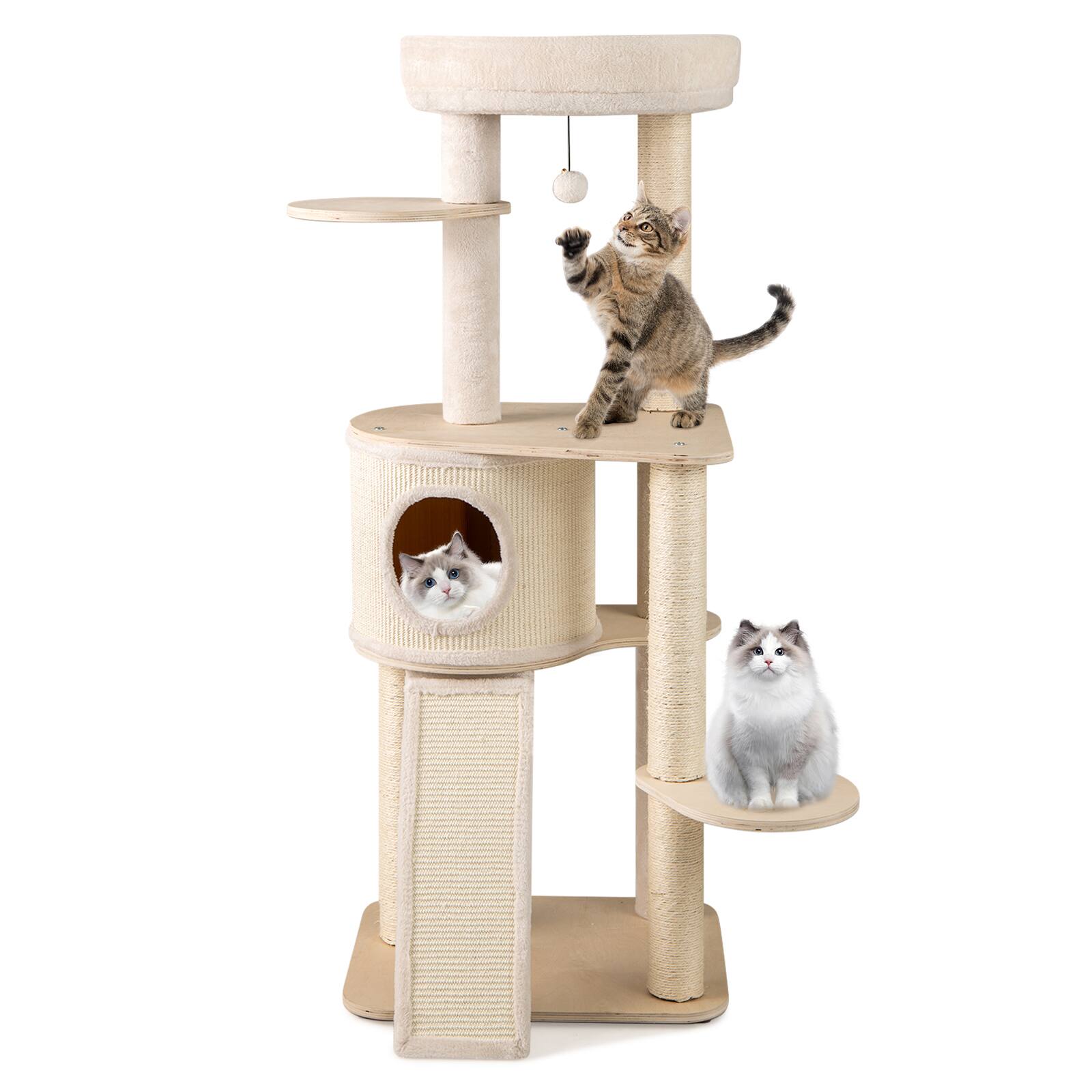 Alt View 9. Gymax - Gymax 56'' Tall Cat Tree Wooden Kitten Tower w/Sisal Scratching Posts & Mat & Ladder.